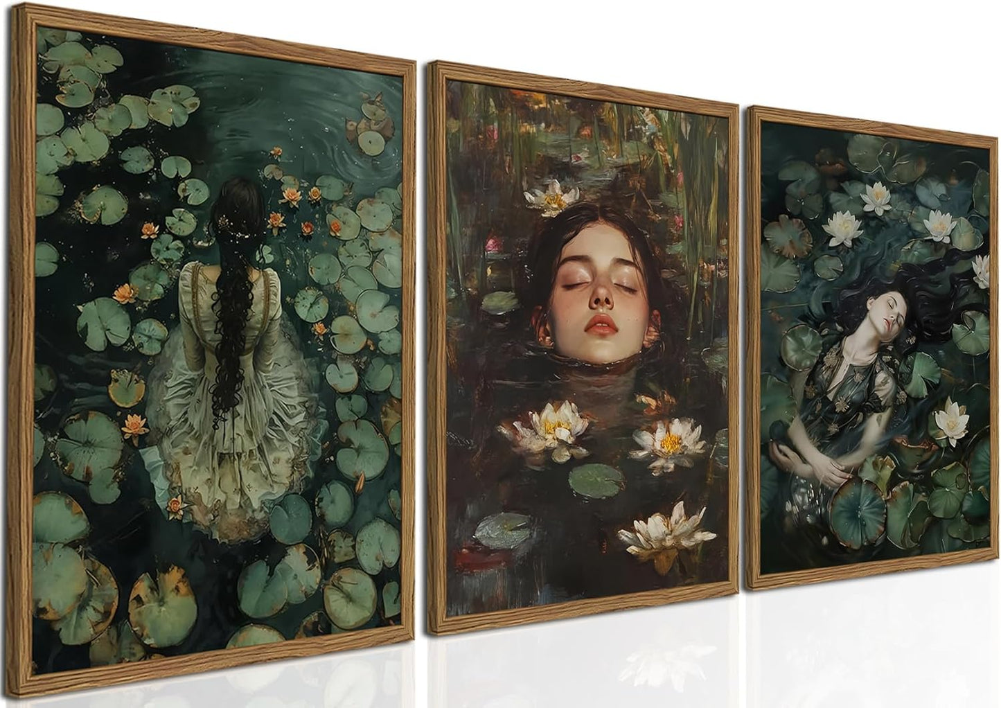 Ophelia Gothic Wall Art Set of 3, Moody Victorian Lake Wall Decor Painting, Dark Romantic Cottagecore Poster Canvas Prints Artwork for Bedroom Living Room 16x24 inch Framed
