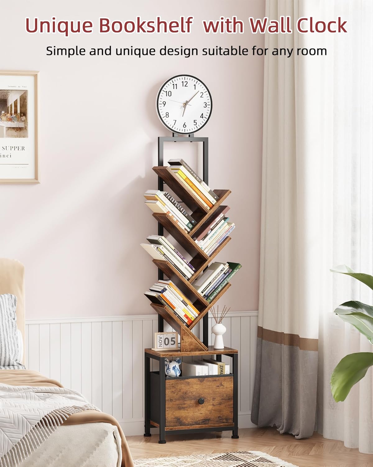 6 Tier Tree Bookshelf with Clock and Fabric Drawer, Small Narrow Bookcase, Tall Floor Standing Book Shelf for Bedroom, Living Room, Home Office, Rustic Brown