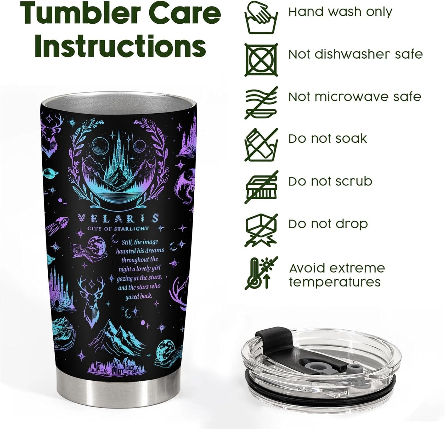 34HD Galaxy City of Starlight Tumbler 20oz Stainless Steel Insulated - Fantasy Book Lover Gift for Readers - Double Wall Vacuum Travel Mug Black Deer Castle