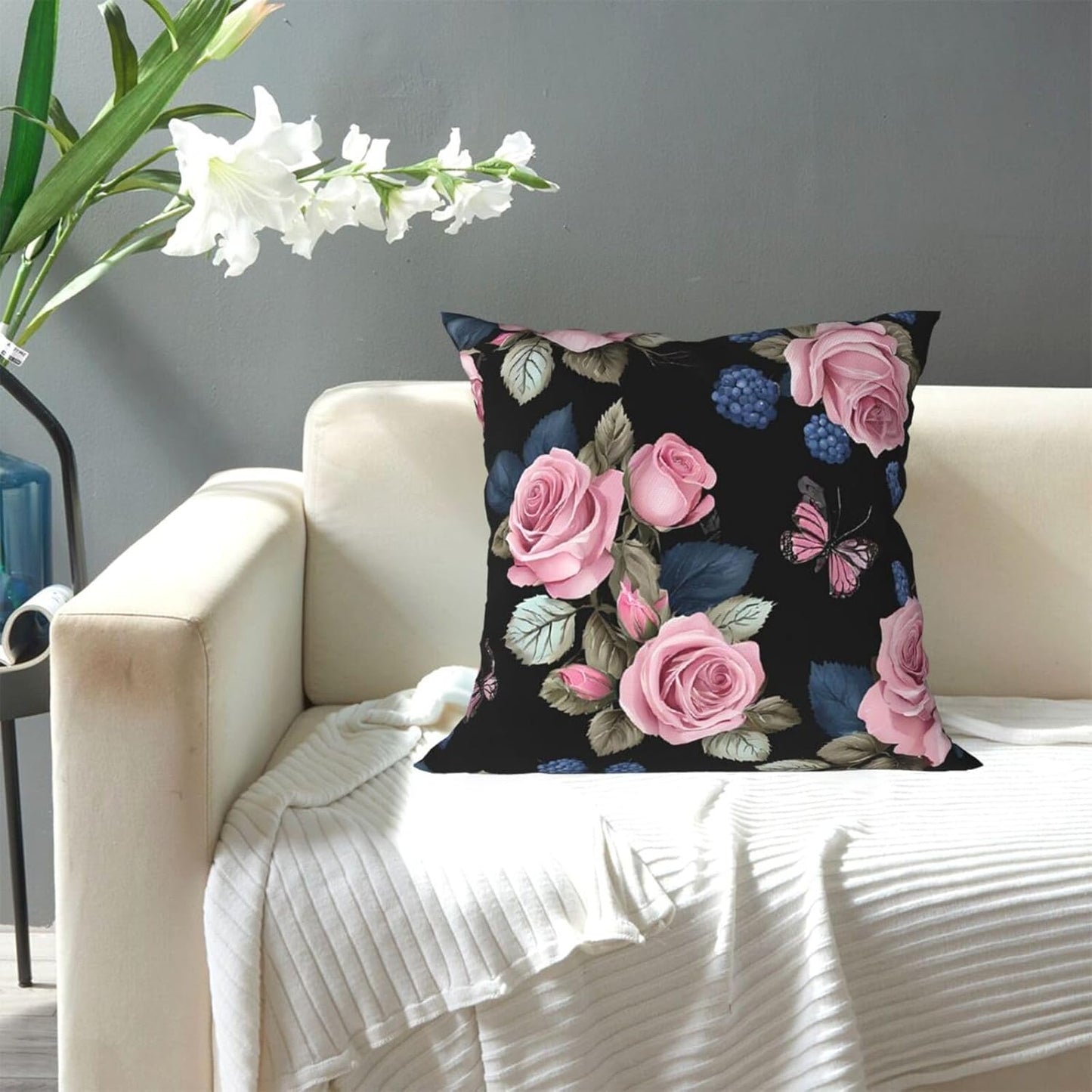 All-Season Square Pillow Covers 18"X18", Black Blackgound Rose, Decorative Throw Pillow Covers For Sofa Bed Couch, Hidden Zipper Cushion Cover, Square Lumbar & Accent Pillowcases For Home Decor