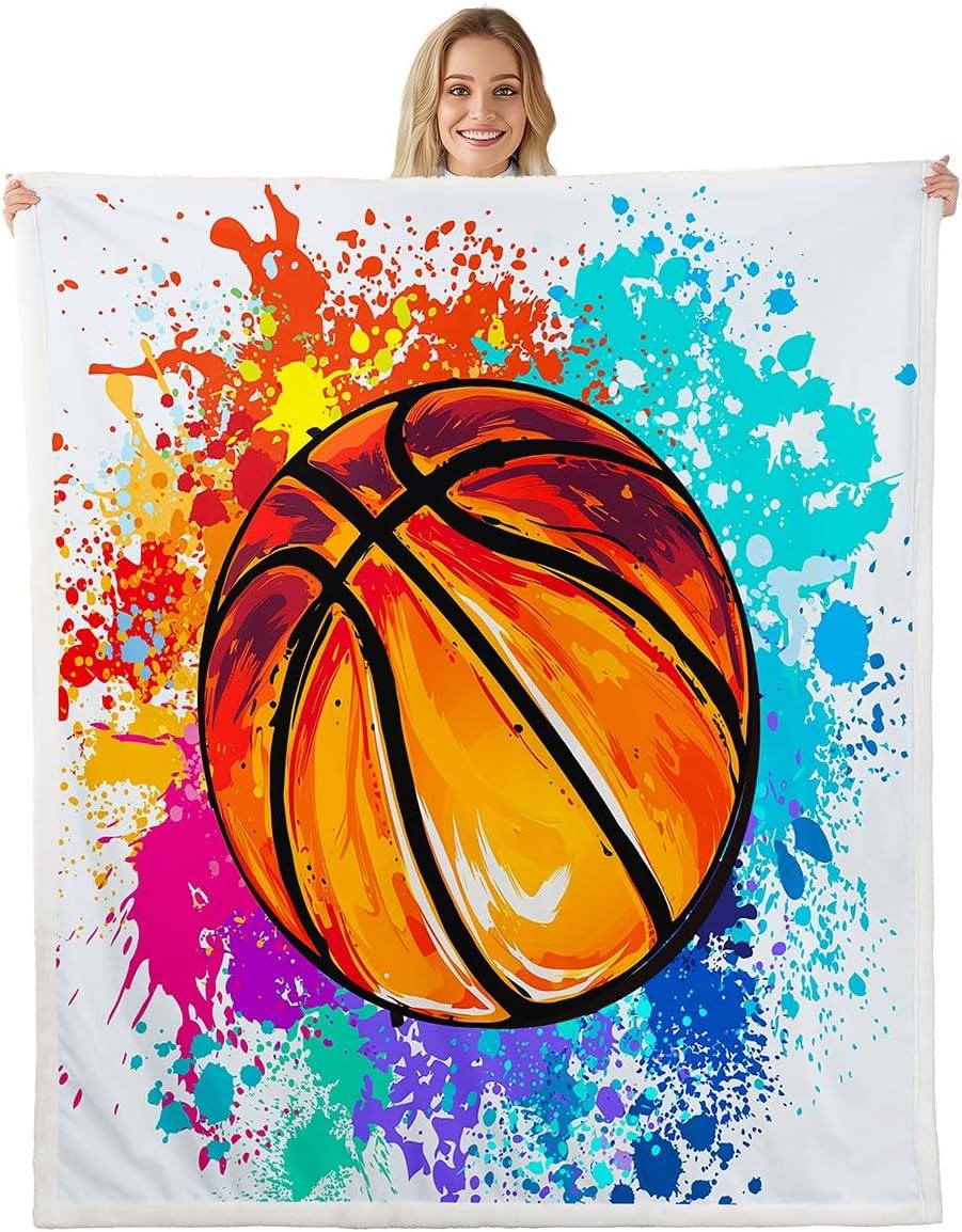 Watercolor Tie-dye Throw Blanket Cartoon Basketball Print Fleece Blanket Youthful Bed Blanket for Couch or Bed Sports Gaming Blanket Soft Warm Lightweight for Kids Adults Women Gift(Throw 50"x60")