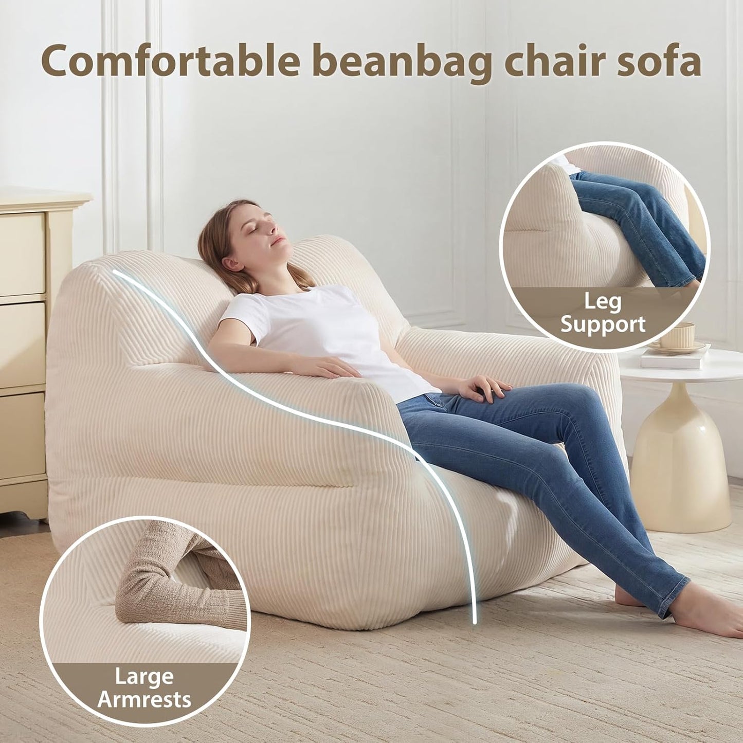 Big Bean Bag Chair for Adults & Kids, Giant Oversized Bean Bag Couch, Comfy Reading Chair with Armrests, Soft Cozy Chair for Bedroom, Lounge Sofa for Gaming, Napping & Relaxing, Beige