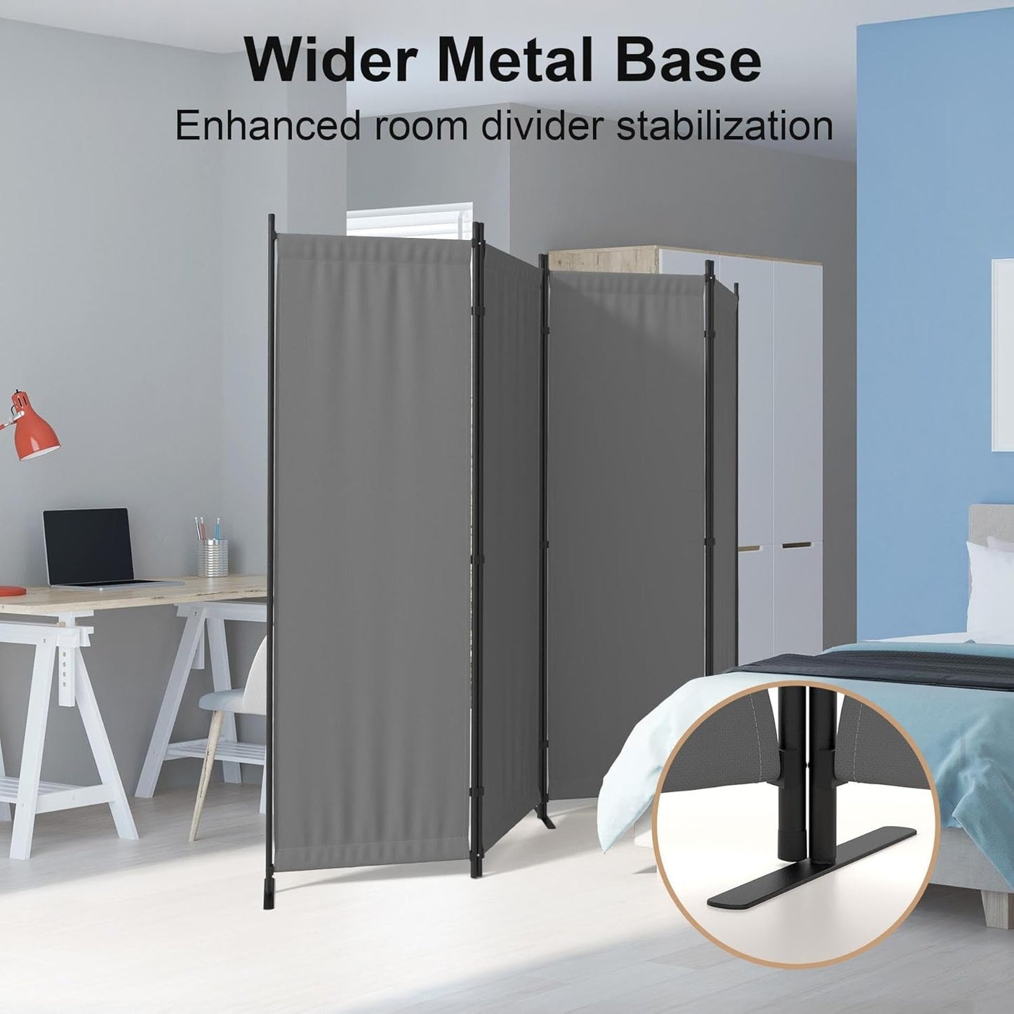 Privacy Screen Room Divider as Dressing Screen 4 Panel Wall Room Divider with 3 Wider Feet Portable Wall 6FT Partition Wall for Office Dining Room Children's Separate Rooms,Grey
