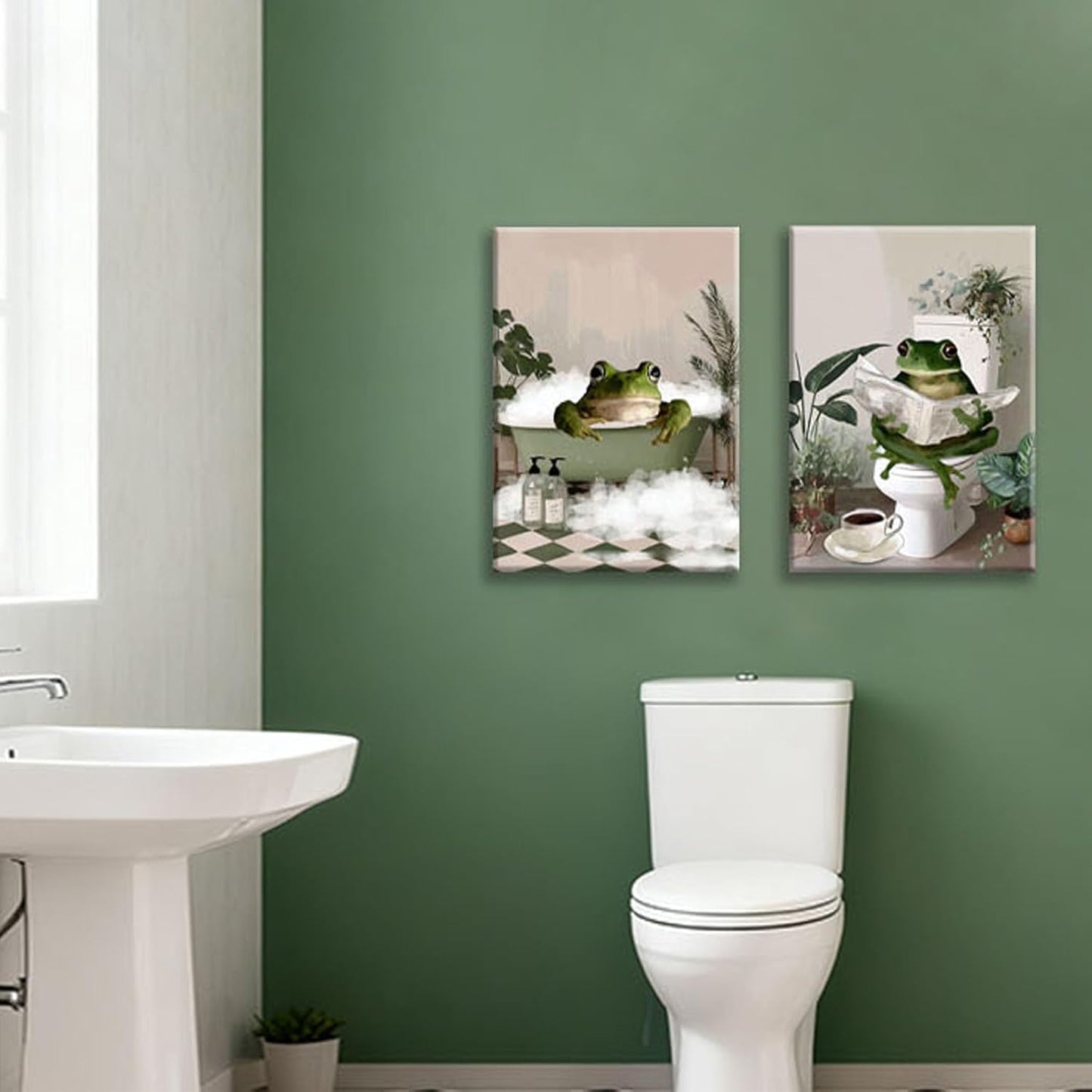 Frimeeme Set of 2 Funny Frog Bathroom Canvas Wall Art, Funky Frog in Bath Wall Decor，Green Bathroom Canvas Prints Decor Pictures Aesthetic Framed,12x16 inches