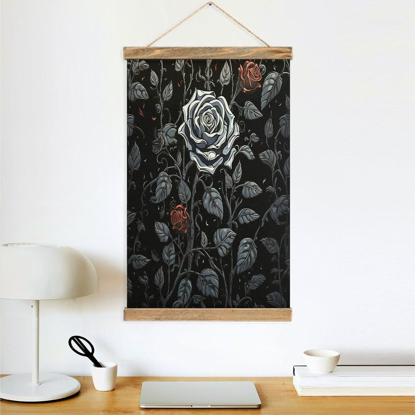 Vintage Rose Gothic Poster with Wooden Frame Personalized Linen Hanging Scroll Painting Rustic Wall Hanging Illustrative Modern Artwork Decor for Home Living Room Bedroom Office