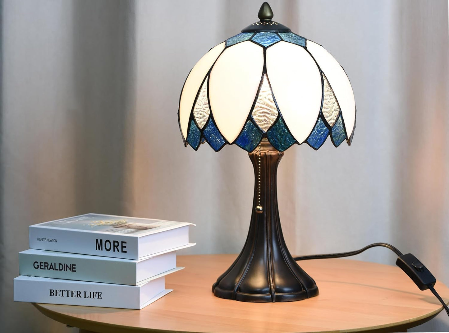 TL0014 Blue & White LotusTiffany Table Lamp Stained Glass Bedside Lamp Bending Glass Reading Desk Light 9.5 X 16.5 Inches for Bedroom Living Room Home Office (Blue &White)