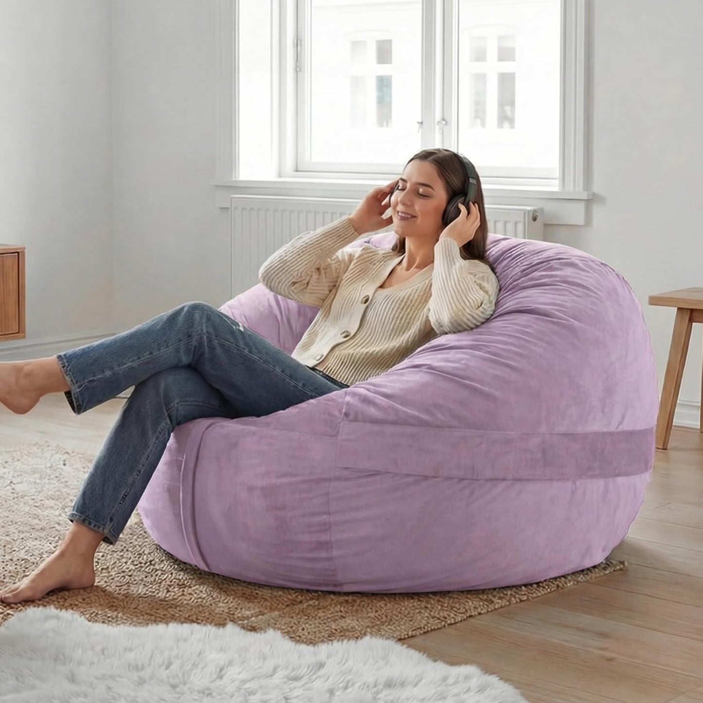 YuppieLife 4FT Bean Bag Chair, Foam Filled Bean Bags with Comfy Dutch Velvet & Machine Washable Cover, Adults BeanBag for Livingroom Bedroom, Purple