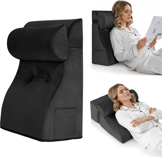 Daneey Reading Pillows for Sitting in Bed Adult Back Pillow for Sitting Up, Back Support Pillow for Bed, Foam Wedge Pillow for Neck, Lumbar, Back, Black, 20 * 9 * 22IN, Velvet