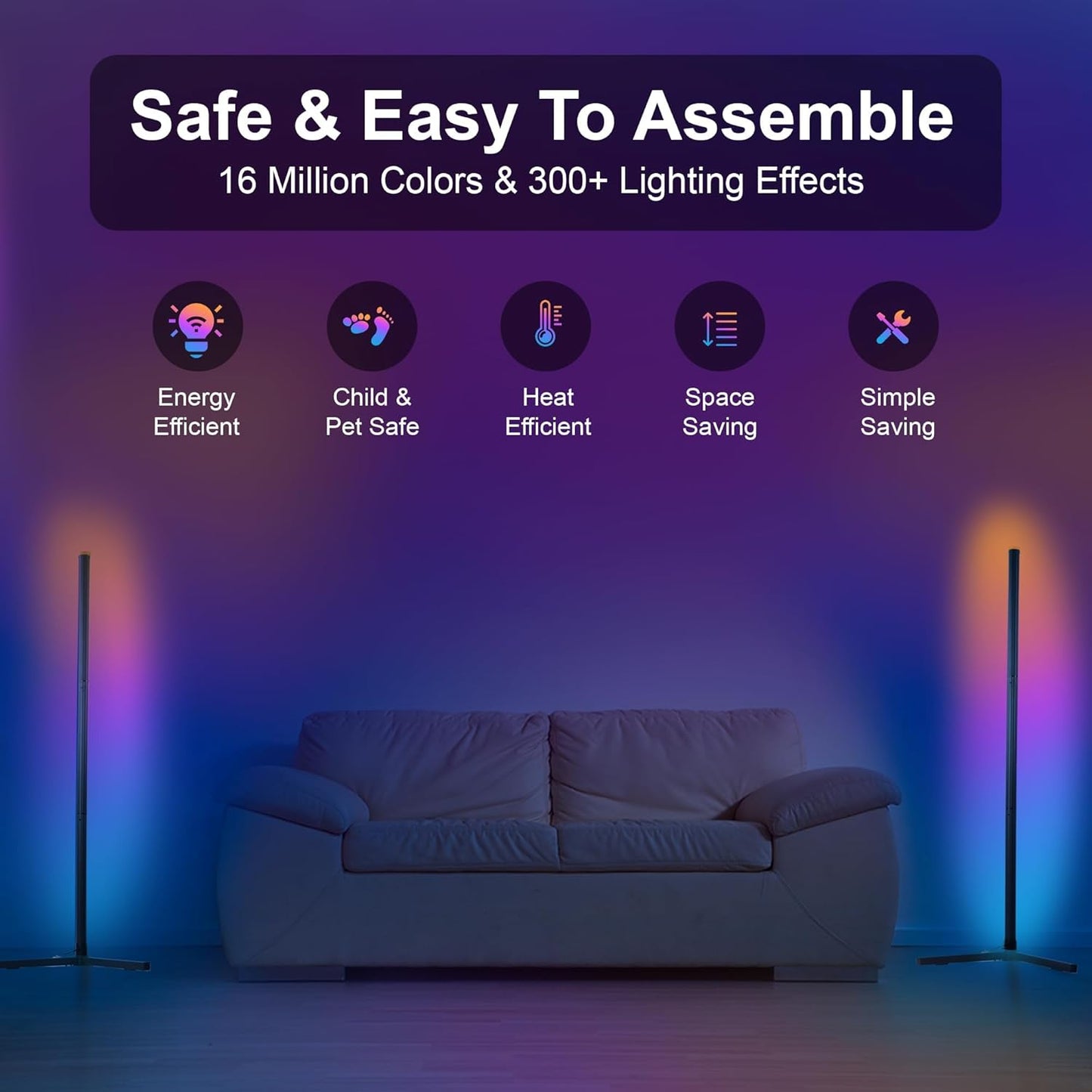 2 Pack Corner Floor Lamp – 57'' Tall RGB Lamp Modern Mood Lighting with 88 LEDs, Bluetooth App Control, and Sturdy Base for Effortless Setup