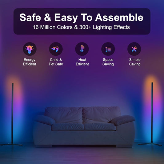 2 Pack Corner Floor Lamp – 57'' Tall RGB Lamp Modern Mood Lighting with 88 LEDs, Bluetooth App Control, and Sturdy Base for Effortless Setup