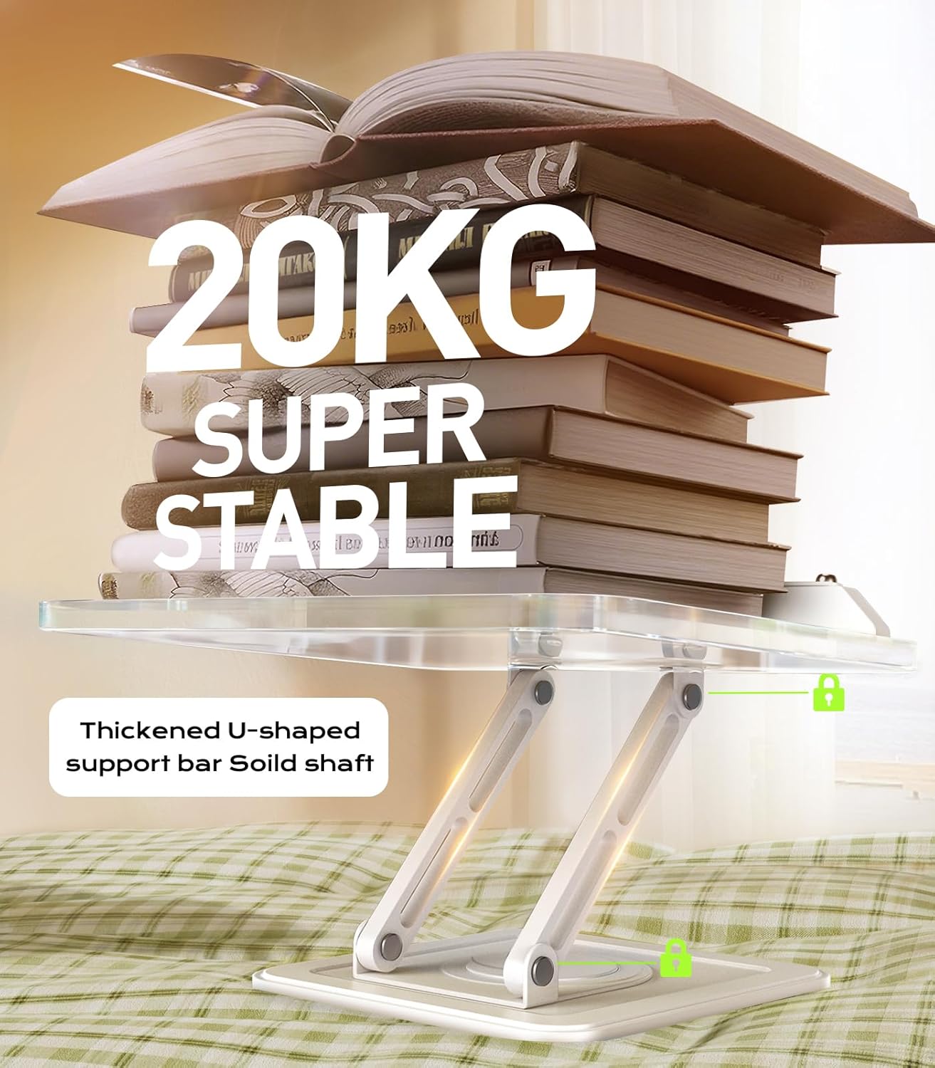 Book Stand for Reading, Adjustable Book Holder with 360°Rotating Bases, Ergonomic Cookbook Stand Recipe Book Holder with Elastic Page Clips for Magazines, Tablets, Laptops,Acrylic White