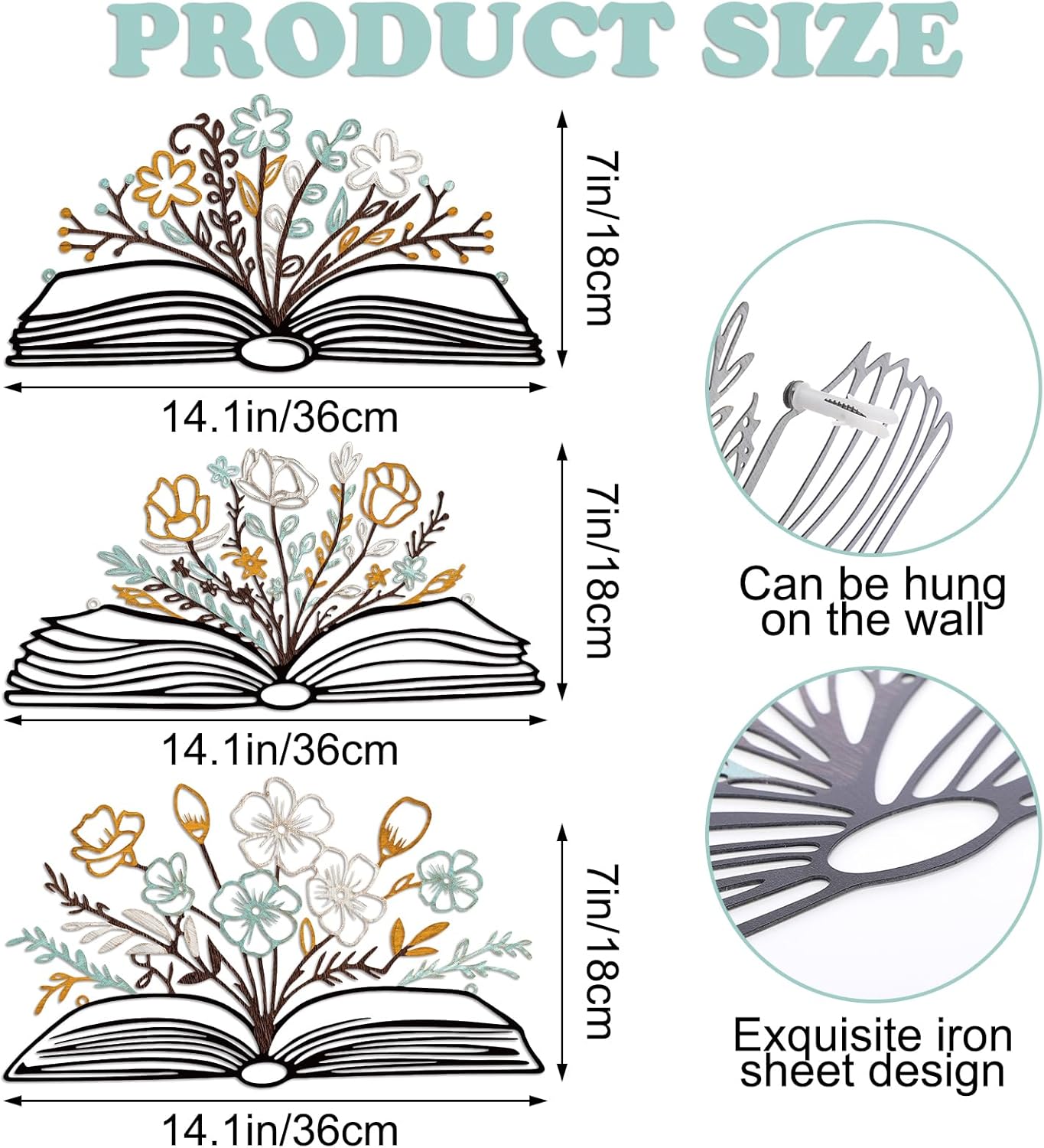 Honeydak 3 Pcs Reading Flower Book Wall Art Metal Library Wall Decor Sign Book Lovers Teacher Gift Silhouette Hanging Sculptures for Home Reading Room Office (Rustic Color,Elegant Style)