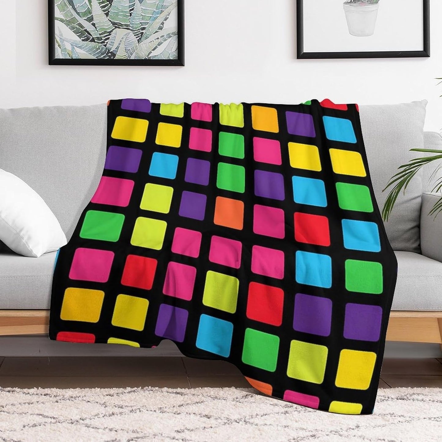 Abstract Colorful Squares Throw Blanket for Couch Bed Plush Cozy Fuzzy Flannel Blanket for All Season 40"x50"