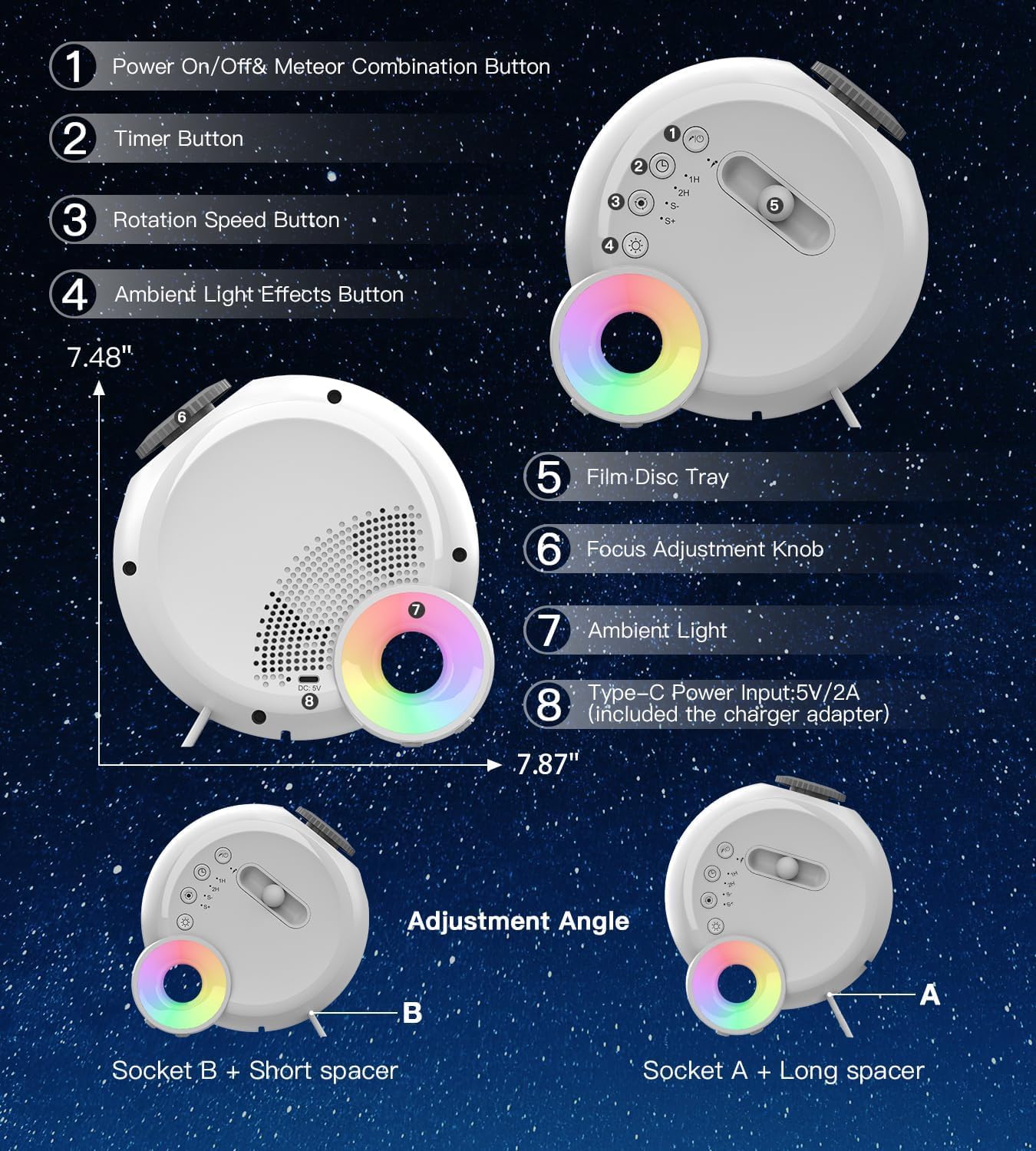 Galaxy Projector for Bedroom,4K Image Planetarium Projector Adjustable Knob,13 in 1 Kids Night Light Projector with Built-in Speaker & White Noise,360° Rotating with Remote Timer (White)
