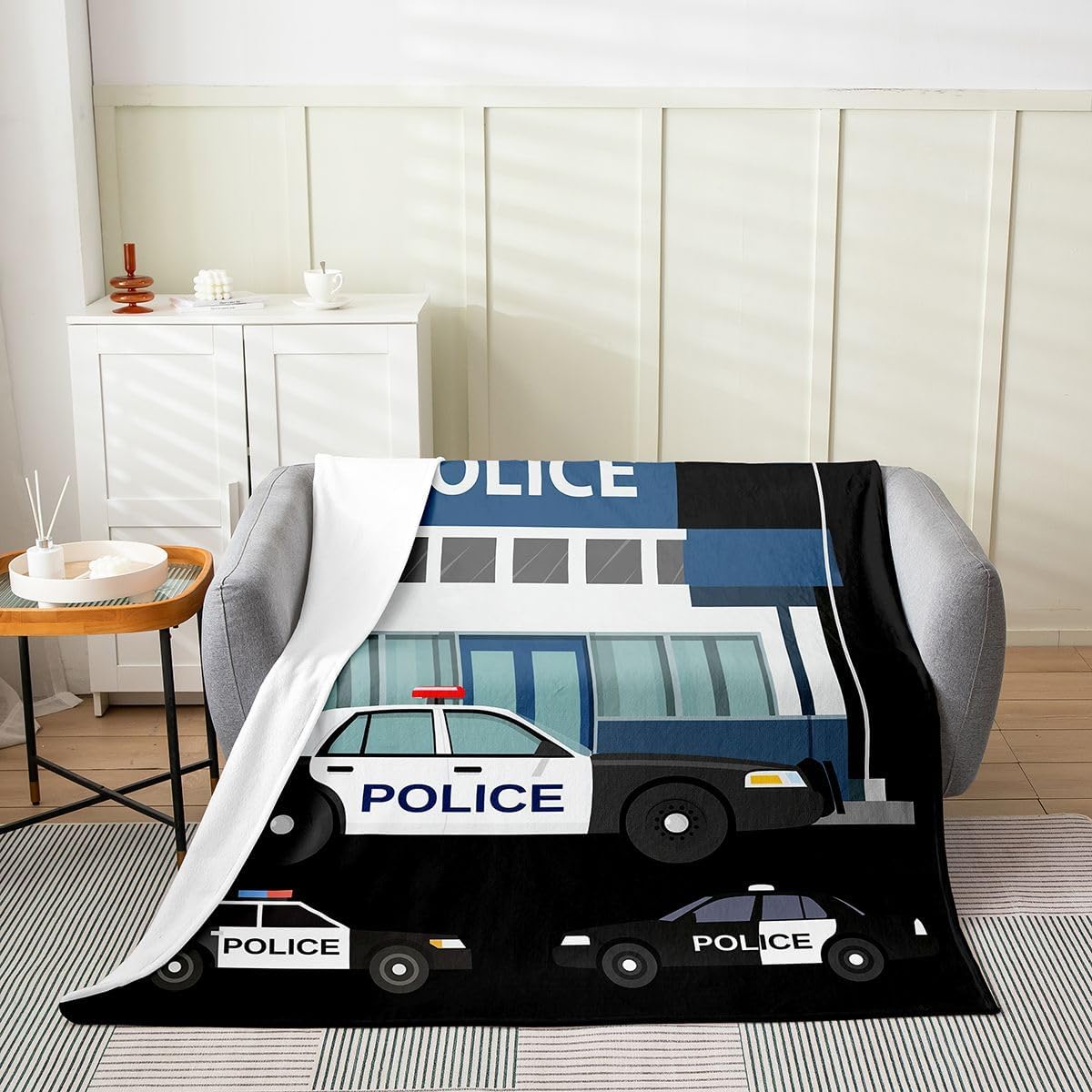 Erosebridal Police Car Blanket for Kids Boys Girls - Cartoon Throw 50x60, Policeman Fleece for Sofa Bed Couch Decor - Vehicles Fuzzy Lightweight Warm