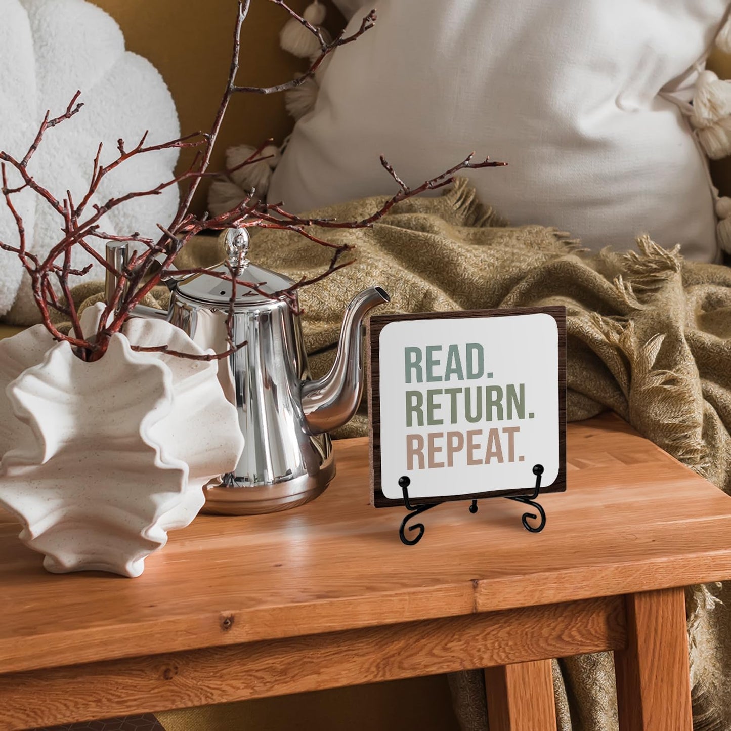 Skip Tiger Read Return Repeat Wooden Desk Sign,Book Character Librarian Life Wooden Plaque With Stand Decor For School Library Table,Reading Decorativesignage Gifts For Women Book Lovers,5x5 Inch