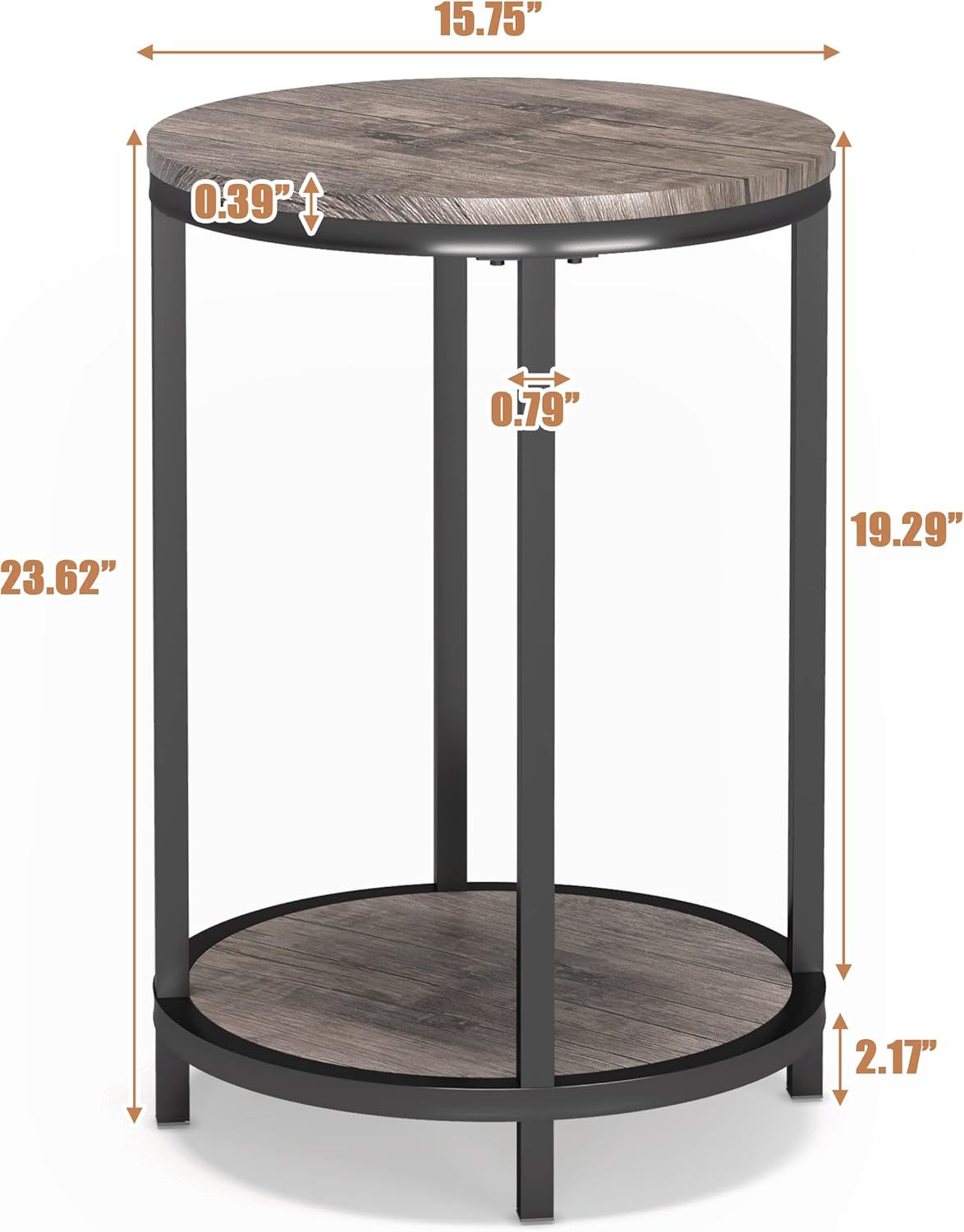 NSdirect Round Side Table,16in Rustic Wooden End Table Surface Top & Sturdy Metal Legs Nightstand for Living Room Bedroom Farmhouse Sofa Table with Storage Open Shelf,Light Walnut