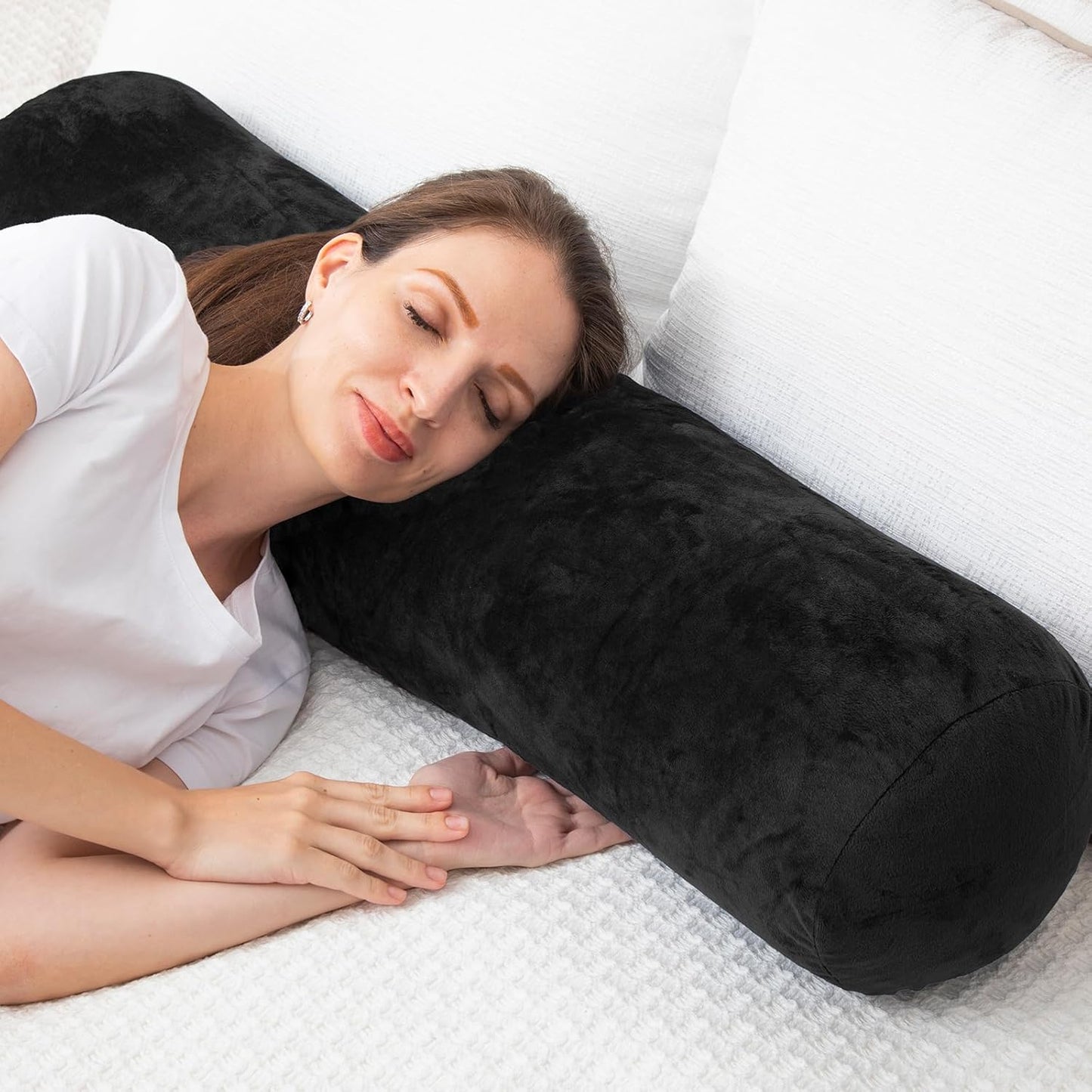 Round Body Pillow for Adults, Long Bolster Pillow for Bed with Removable Velvet Cover, Decorative Tube Roll Cylinder Pillow, 35 x 7.87 Inch, Black