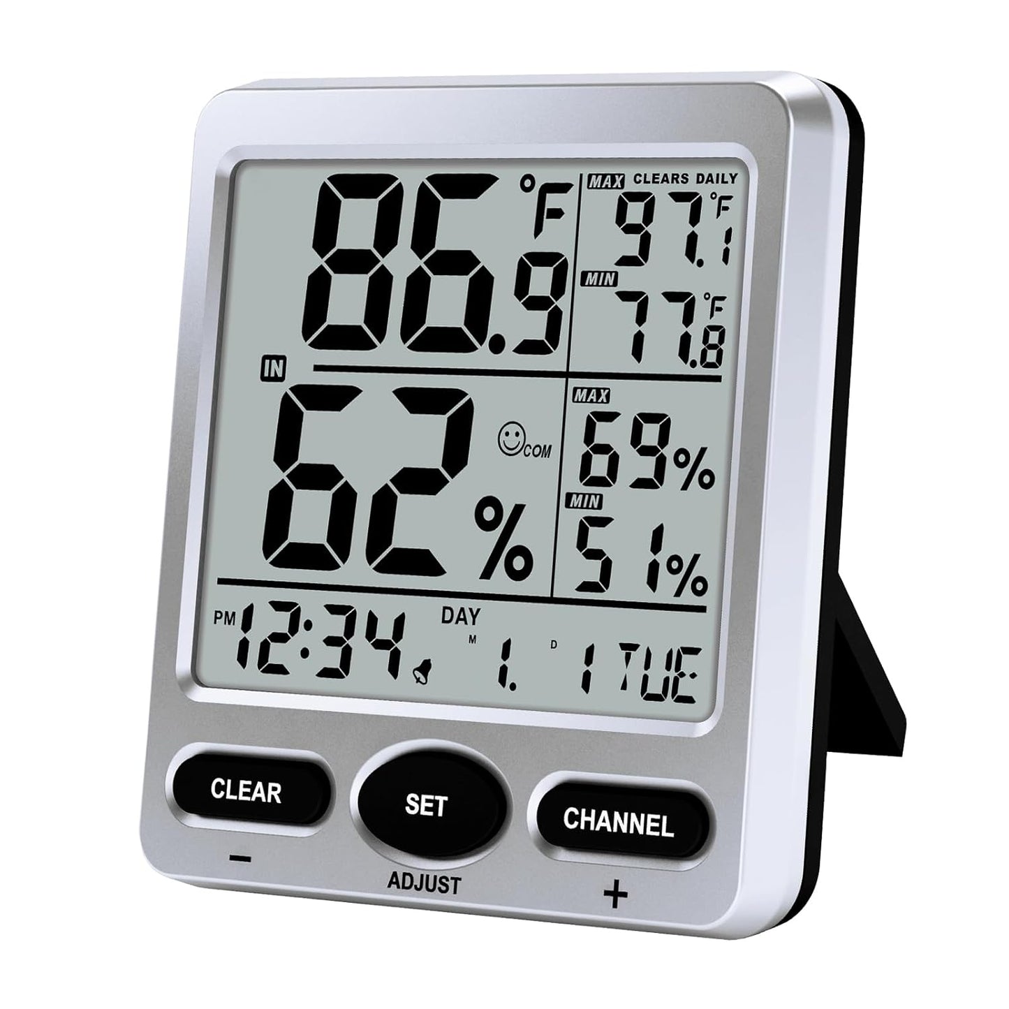 Urageuxy Hygrometer Thermometer Room Temperature Humidity Meter with Large Display, Min/Max Records, Alarm Clock, Time for Home, Greenhouse, Baby Room, Office, Cellar