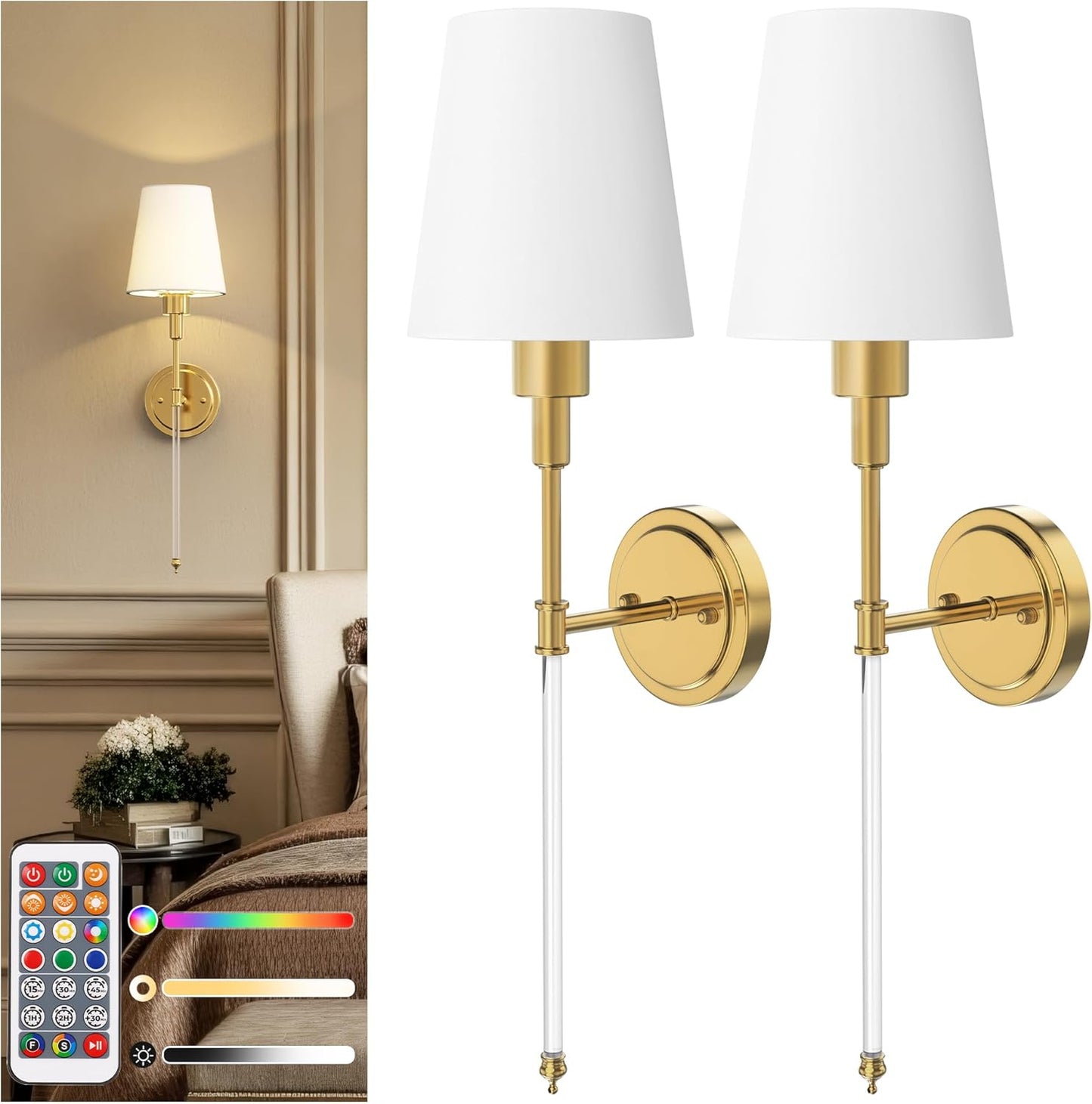 DORESshop Battery Operated Wall Sconce Set of 2, Wall Light Wireless Easy to Install, Dimmable and Adjustable Sconce Wall Decor, Rechargeable Wall Lamp for Bedroom, Living Room, Gold and Glass 24.6in