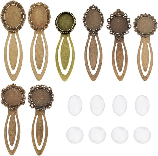 SUNNYCLUE 1 Box 16Pcs DIY 8 Sets Vintage Bookmark Metal Antique Bronze Bookmark Bezel Tray Cabochon Book Marks Making Kit Clear Glass Cabochons Book Mark Blank Bezels for Adults DIY Crafts