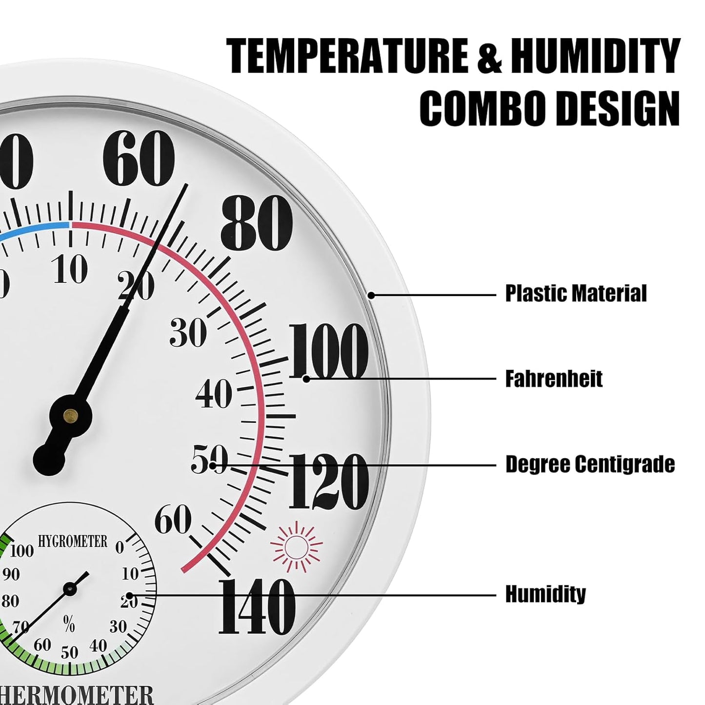 10 Inch Indoor Outdoor Thermometer Hygrometer Combo, Large Dial Analog Temperature Humidity Gauge, Wall Mount Weather Thermometer for Home Patio Greenhouse Garage Room