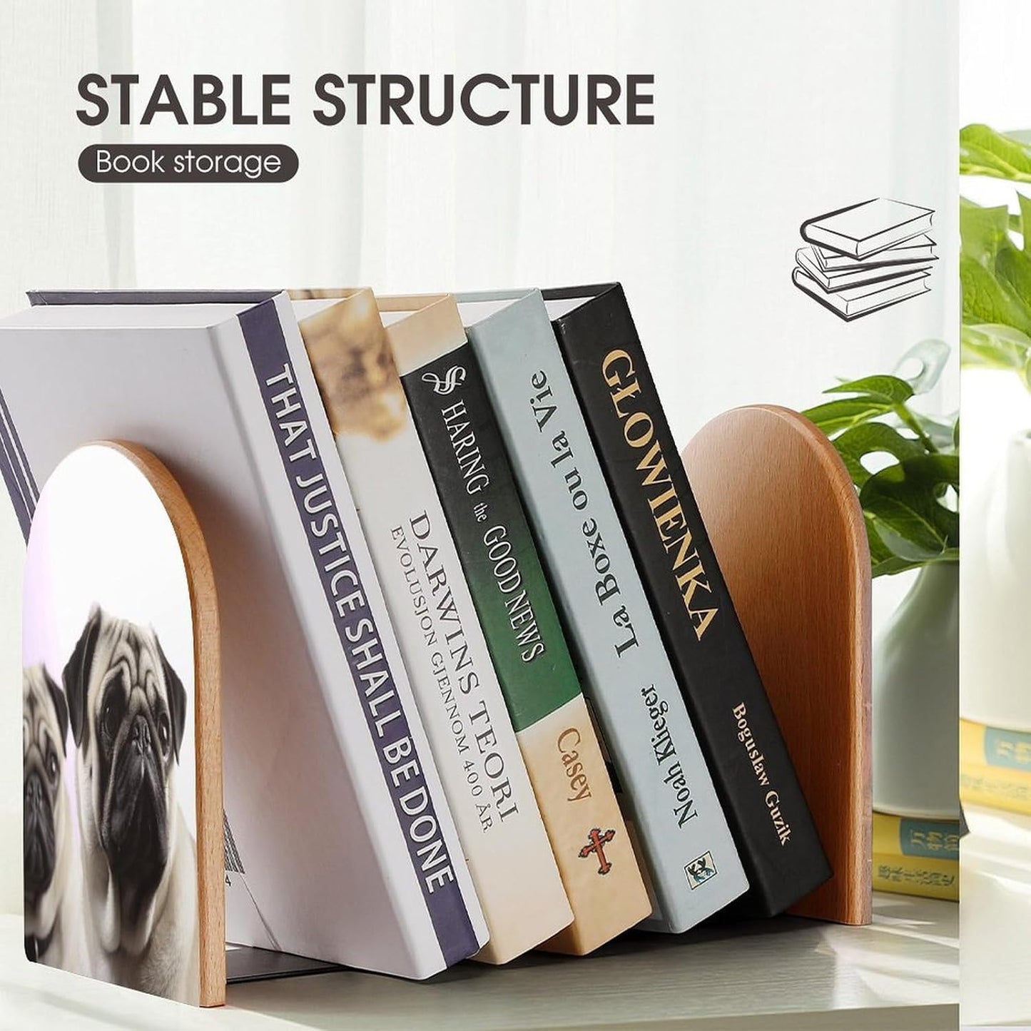 Pug Dog Bookend for Shelves Wooden Book End Large Size Sturdy Book Holders Stoppers with Metal Base for Bookshelves Slick Decorative Bookends Stands
