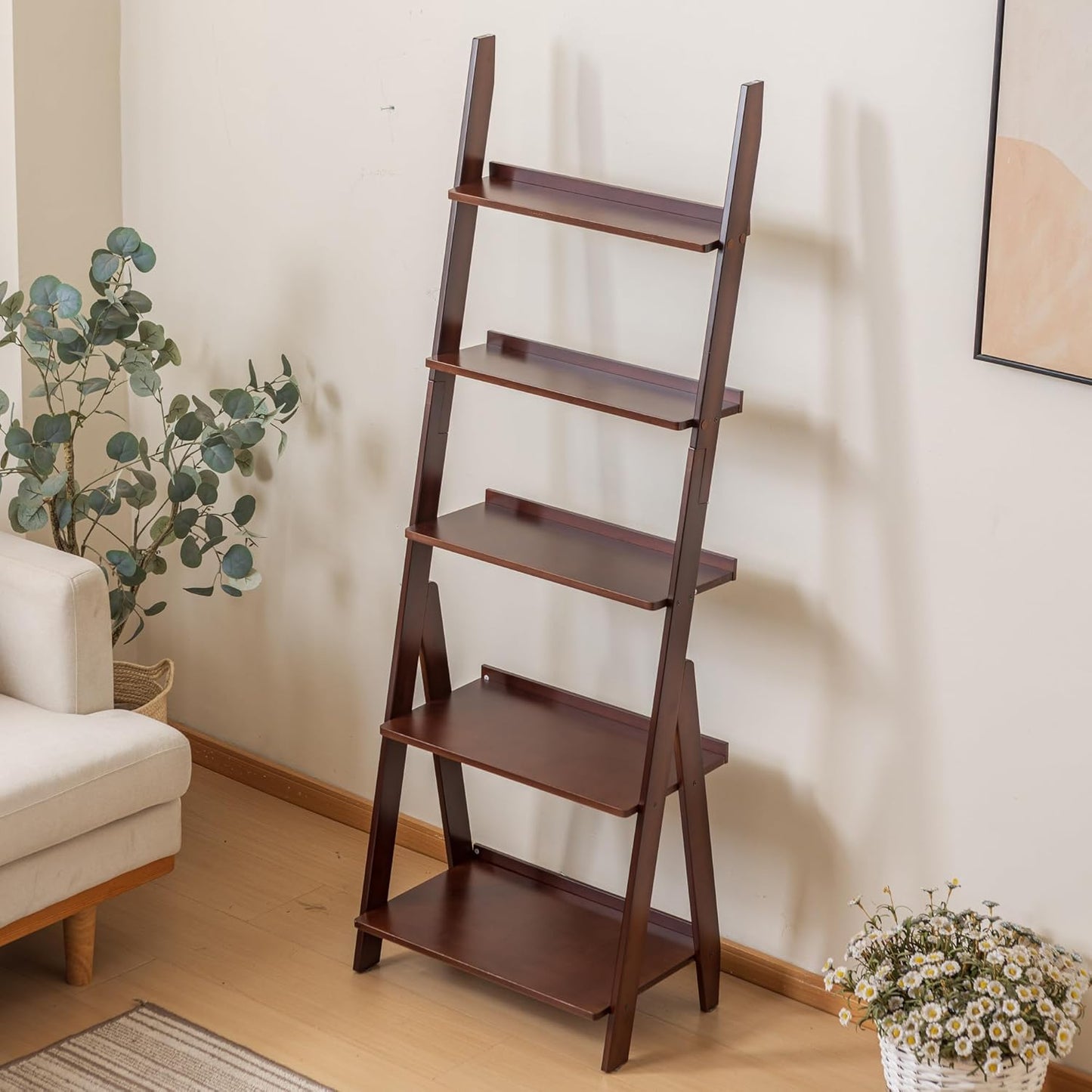 DOUSY-5-Tier Ladder Shelf Bookcase, Bamboo Ladder Bookshelf Leaning Book Shelf, Freestanding Storage Shelf Boho for Living Room, Home Office, Bedroom, Balcony, Walnut