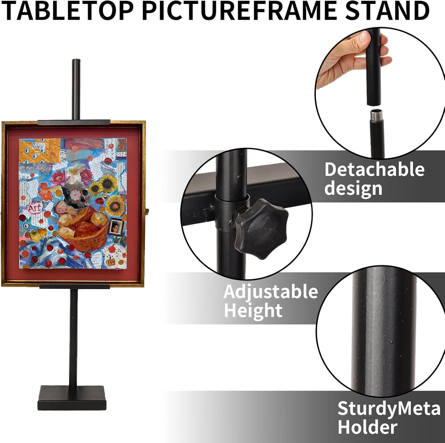 Adjustable Tabletop Easel Stand for Picture Frames & Canvas - All-Metal Display Easel with 28" Height, Table Top Frame Holder for Artwork, Photo Stand, Metal Easels for Table Display (Black) (Black)