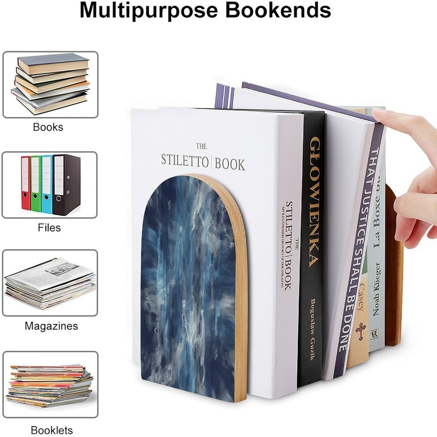Abstract Blue Bookend for Shelves Wooden Book End Large Size Sturdy Book Holders Stoppers with Metal Base for Bookshelves Slick Decorative Bookends Stands