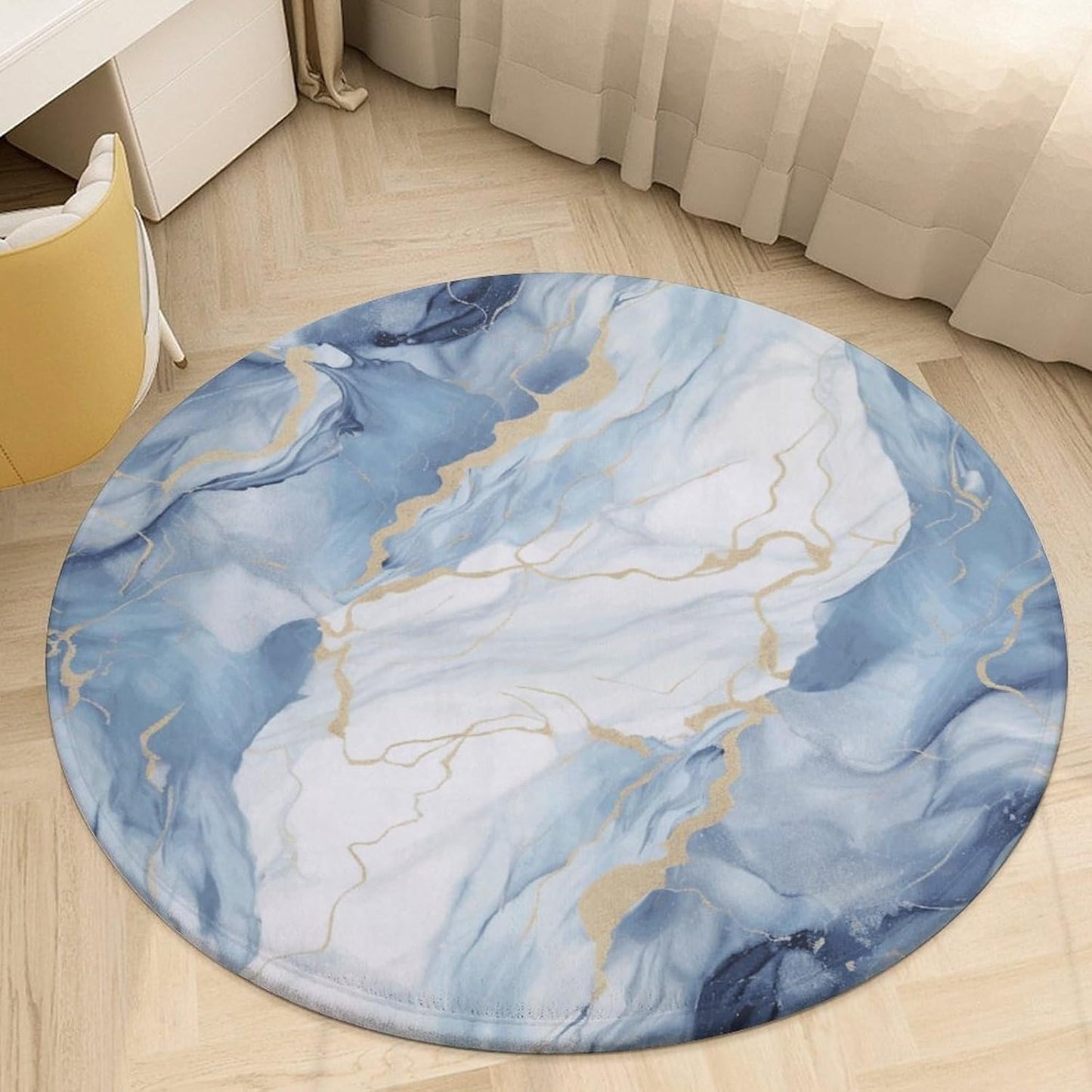 White Blue Marble Circle Rug Retro Luxury Coral Velvet Floor Mat Non Slip Soft Indoor Floor Carpet Comfy Thickened Area Rugs Modern Aesthetic Minimalist Carpets for Home Decor