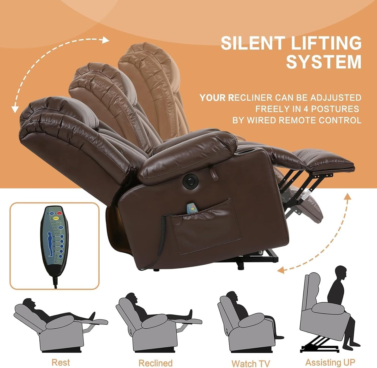 Breathable Leather Power Lift Recliner Chair for Elderly with Massage Heat and Remote Control Electric Recliner with Cup Holders Ergonomic Backrest and Side Pocket