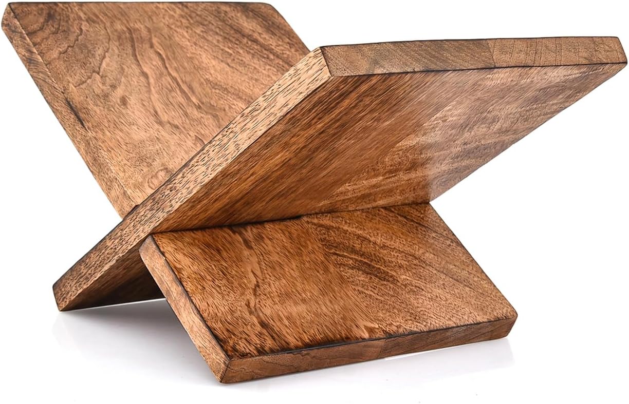 Edhas Wooden Book Holder, Coffee Table Stand & Easel for Magazines, Art, Cookbooks, Bible or Quran – Handcrafted Mango Wood with Burnt Finish (12.5" x 7" x 6")