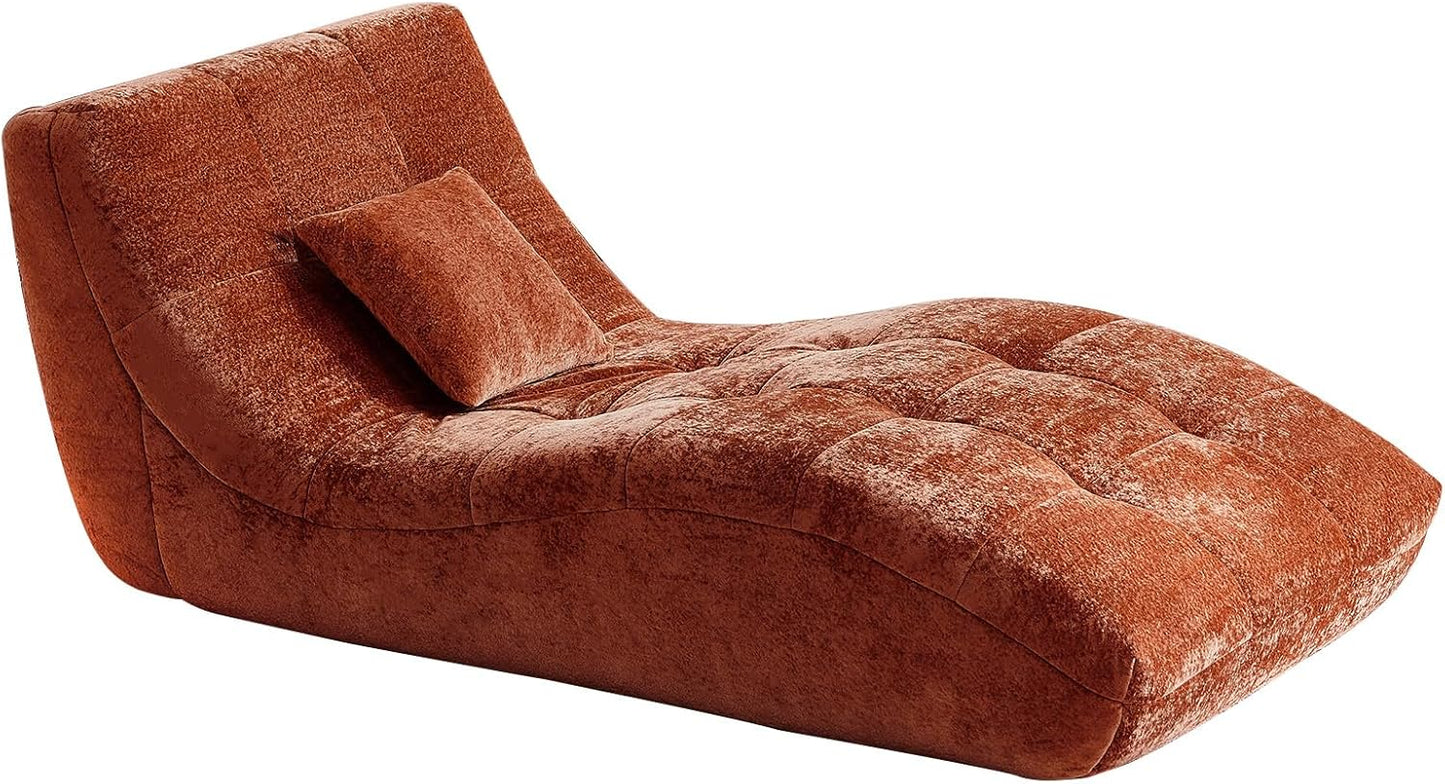 Chaise Lounge Chair with Curved Back, Modern Upholstered Recliner Sofa, Tufted Accent Lounger Comfortable Lazy Chair for Bedroom, Apartment (Orange)