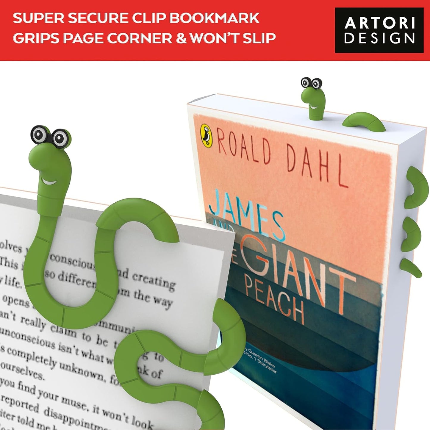 Clip Bookmarks for Kids Students Women and Men - Wally The Bookworm Cool Cute Bookmark and Page Holder Unique Gift Idea - Funny Book Marker and Reading Accessory for Book Lovers (Green)