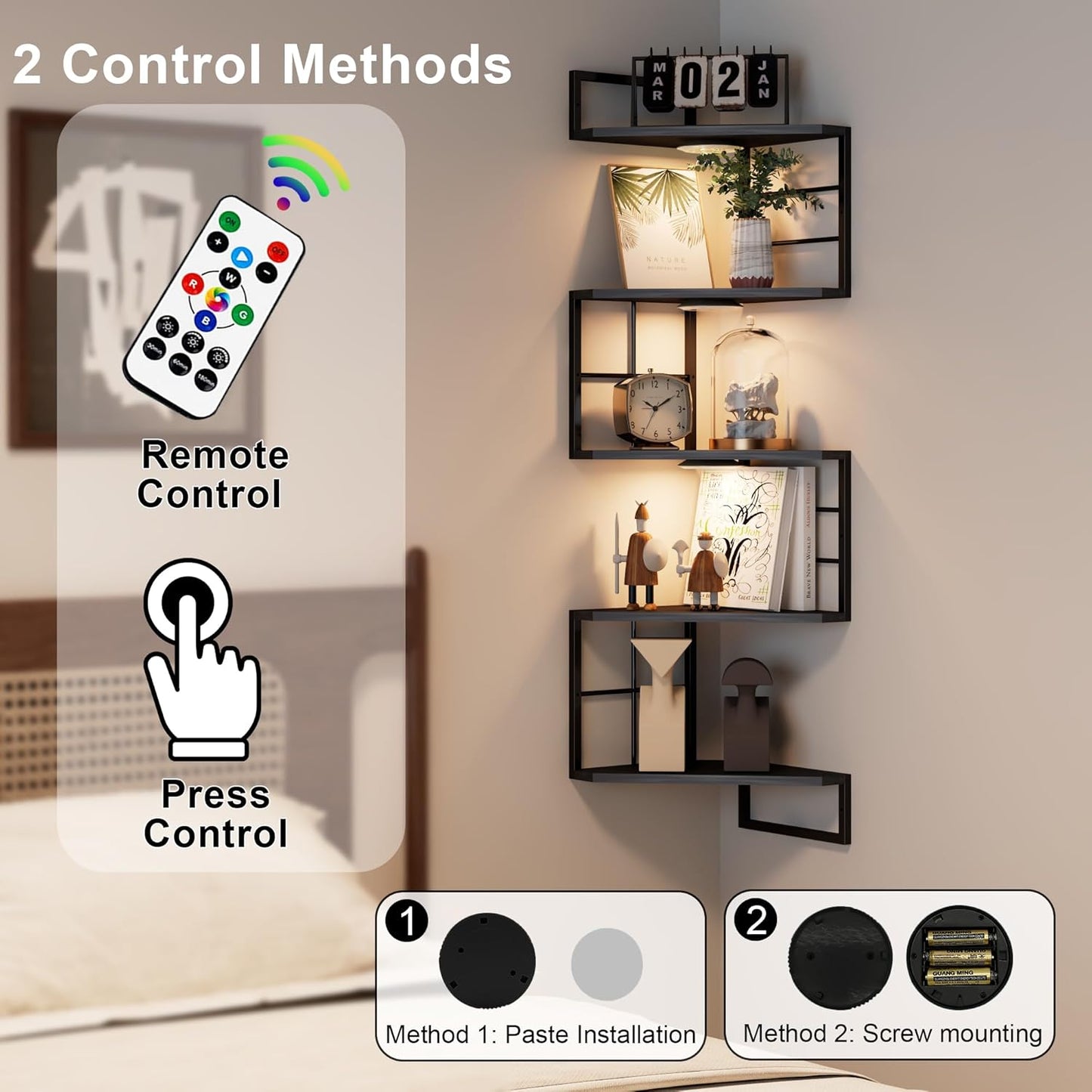 Floating Corner Shelves with Light - 5 Tiers Metal Corner Shelf Wall Mounted for Bedroom Living Room Office Kitchen, Easy-to-Assemble Corner Wall Shelves, Black