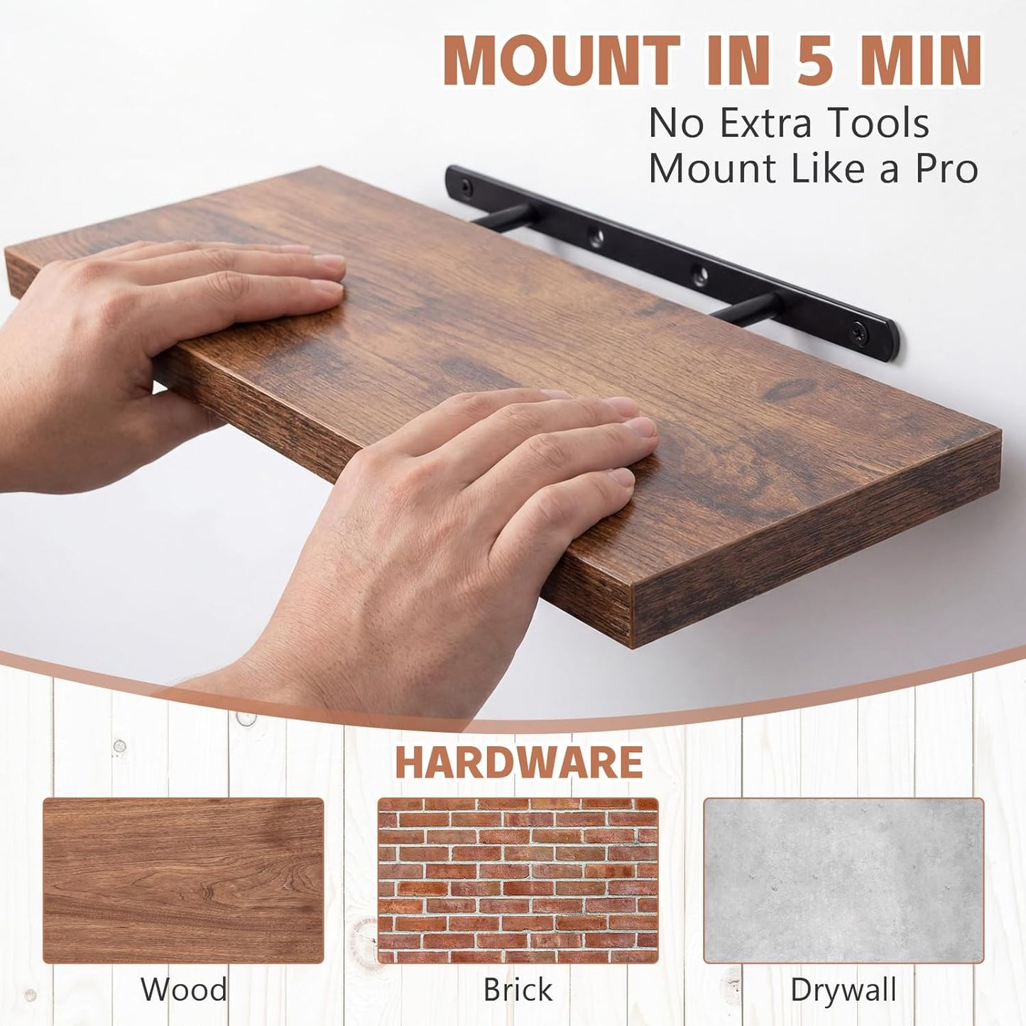 Sliner 8 Pcs 16'' Floating Shelves for Wall with Invisible Brackets, Rustic Wood Deep Wall Mounted Shelves for Home Decor, Storage & Display, Bookshelf for Bedroom, Bathroom, Living Room, Kitchen