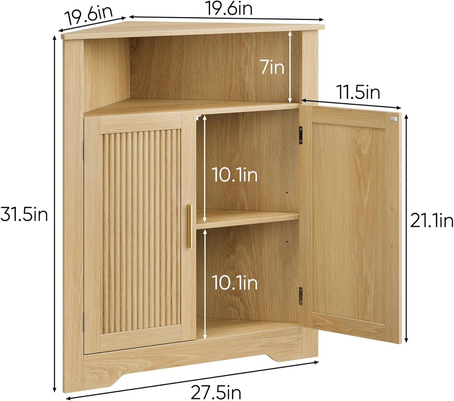 Smuxee Bathroom Corner Cabinet, Floor Corner Storage Cabinet with Fluted Door and Adjustable Shelf, Wooden Narrow Cabinet Organizer for Bathroom, Kitchen, Living Room