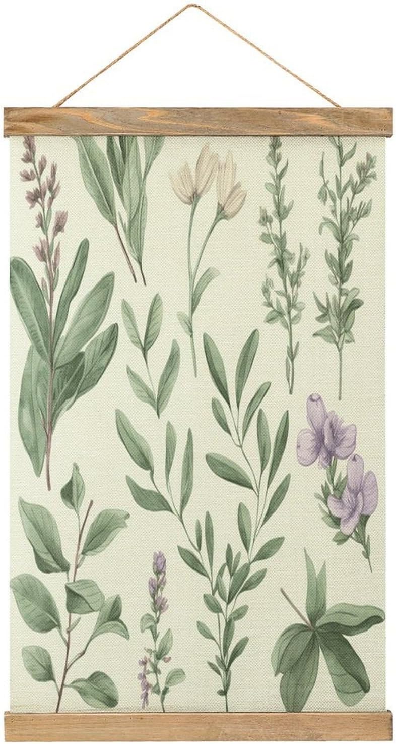Vintage Green Flower Herb Sage Leaves And Branches Poster with Wooden Frame Personalized Linen Hanging Scroll Painting Rustic Wall Hanging Illustrative Modern Artwork Decor for Home Living Room Bedroo