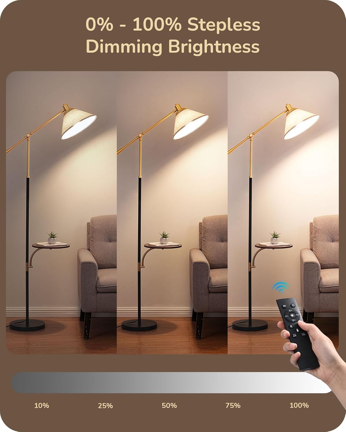 EDISHINE 68" Arc Floor Lamp with Table, Vintage Standing Lamp for Living Room with Tray, Height Adjustable, 5 Color Temperatures LED Bulb Included, Beige Shade, for Bedroom Office, Wood Grain