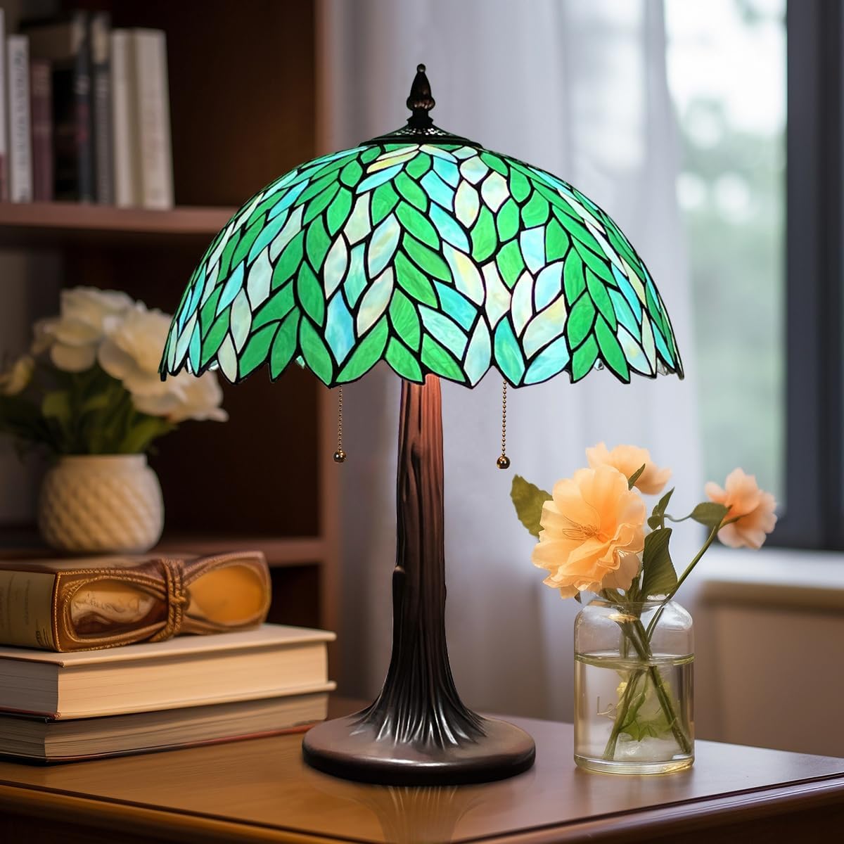 Tiffany Style Table lamp, Green Wisteria Stained Glass Desk Light - Antique 16” Large Nightstand Bedside Reading Light for Living Room Bedroom Office