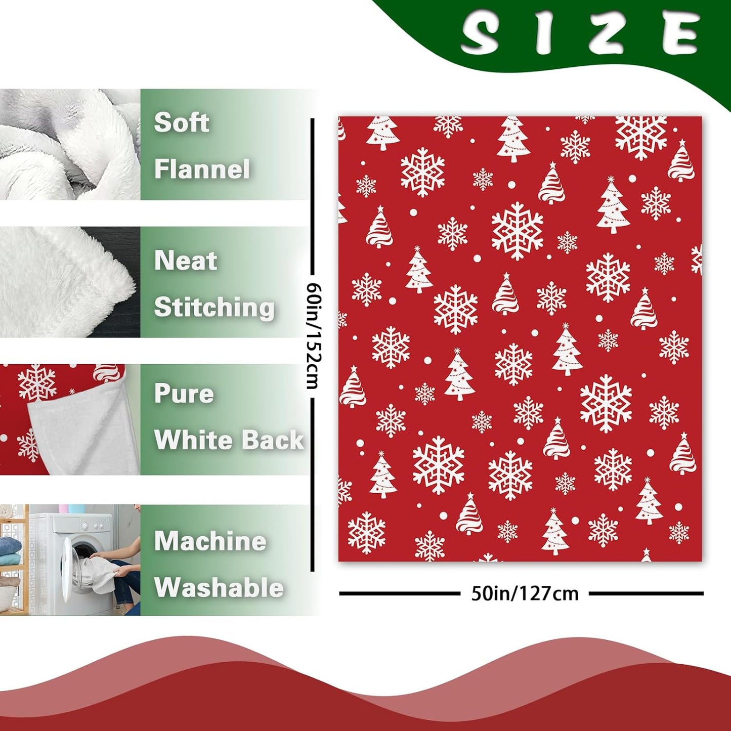 Christmas Tree Red Flannel Throw Blanket, Xmas Pine Trees Snowflake Birthday Gifts for Kids Men Women, Winter Holiday Soft Blankets for Bedding Sofa 50 x 60 Inches