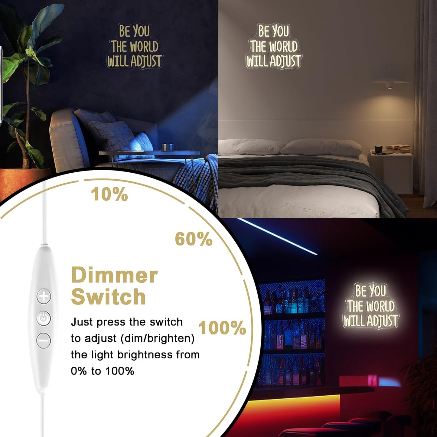 Mutank Be You The World Will Adjust Neon Signs for Wall Decor, USB Powered Dimmable LED Neon Light, for Bedroom Room Office Motivational Wall Decor(12.9 * 10.6 In)