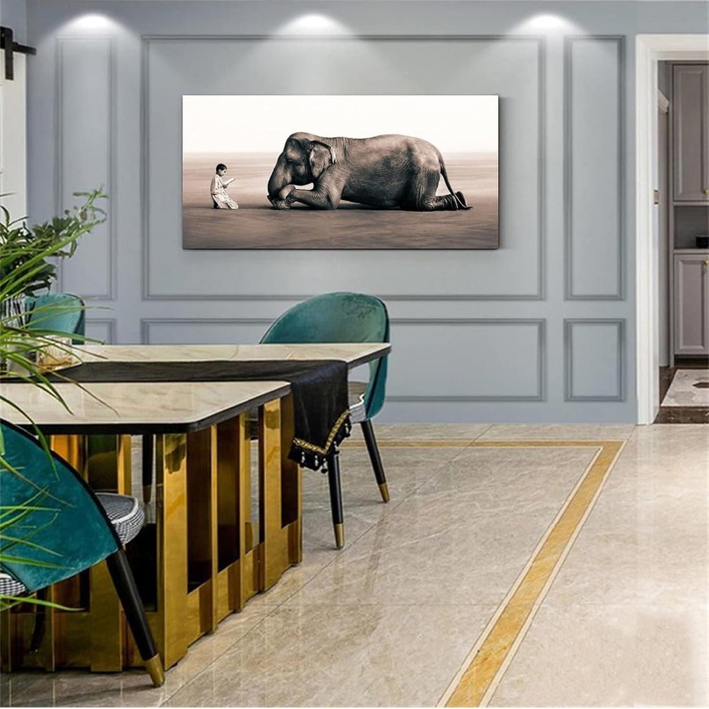 Boy Reading in Front of Elephant Poster Canvas Paintings Black and White Wall Art Prints for Living Canvas Painting Wall Art Poster for Bedroom Living Room Decor 08x16inch(20x40cm) Frame-Style-1