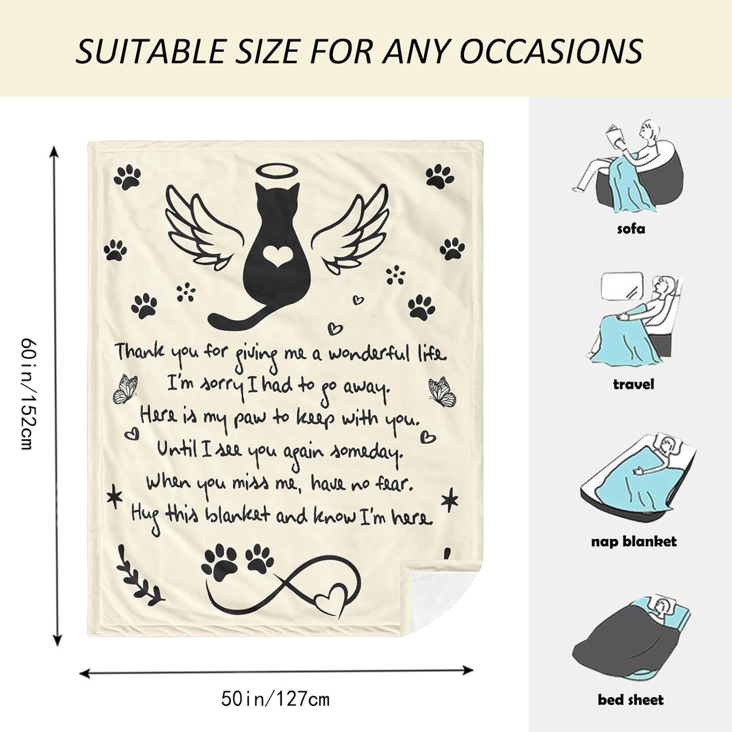 Amonee-YL Cat Memorial Gifts for Loss of Cat, Cats Memorial Blanket 50"X60", Loss of Cats Sympathy/Remembrance/Bereavement/Passing Away Gifts, Pet Sympathy Memory Gift