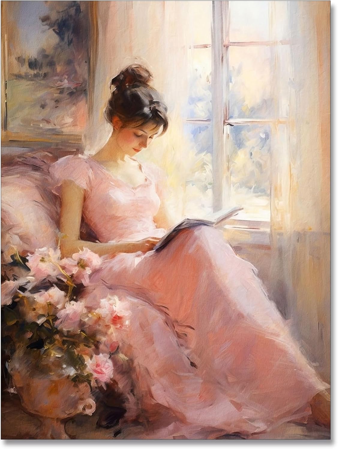 Huabsad Vintage Portrait Oil Painting Wall Art Retro Pink Girl Reading A Book Posters Famous Antique Female Canvas Pictures Prints Wall Decor Aesthetic for Bedroom Gallery Dorm 12x16in Unframed
