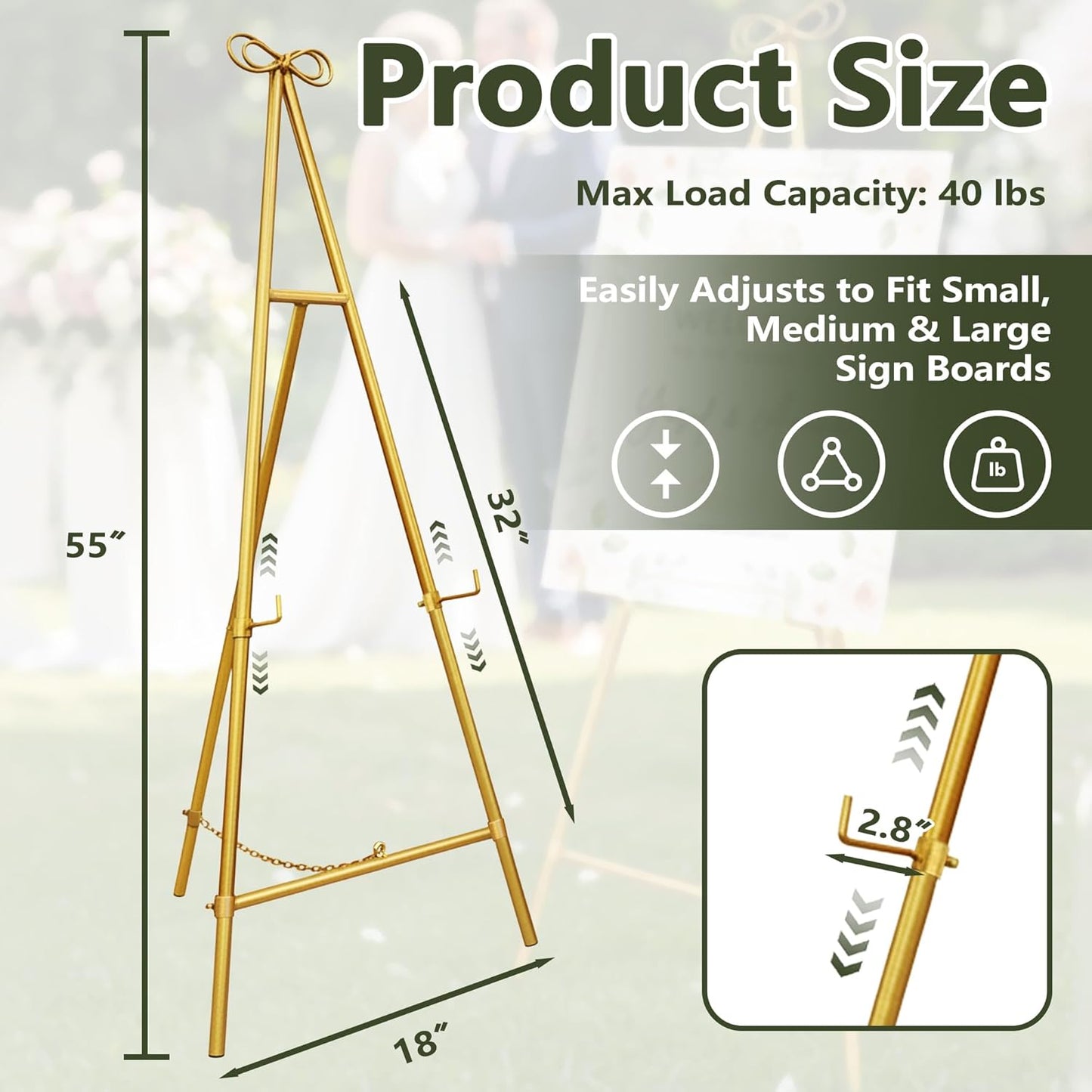 Gold Easel Stand for Sign, 55'' Adjustable Easel Stand for Display, Metal Easel Display Stand Heavy Duty(Round Tube)