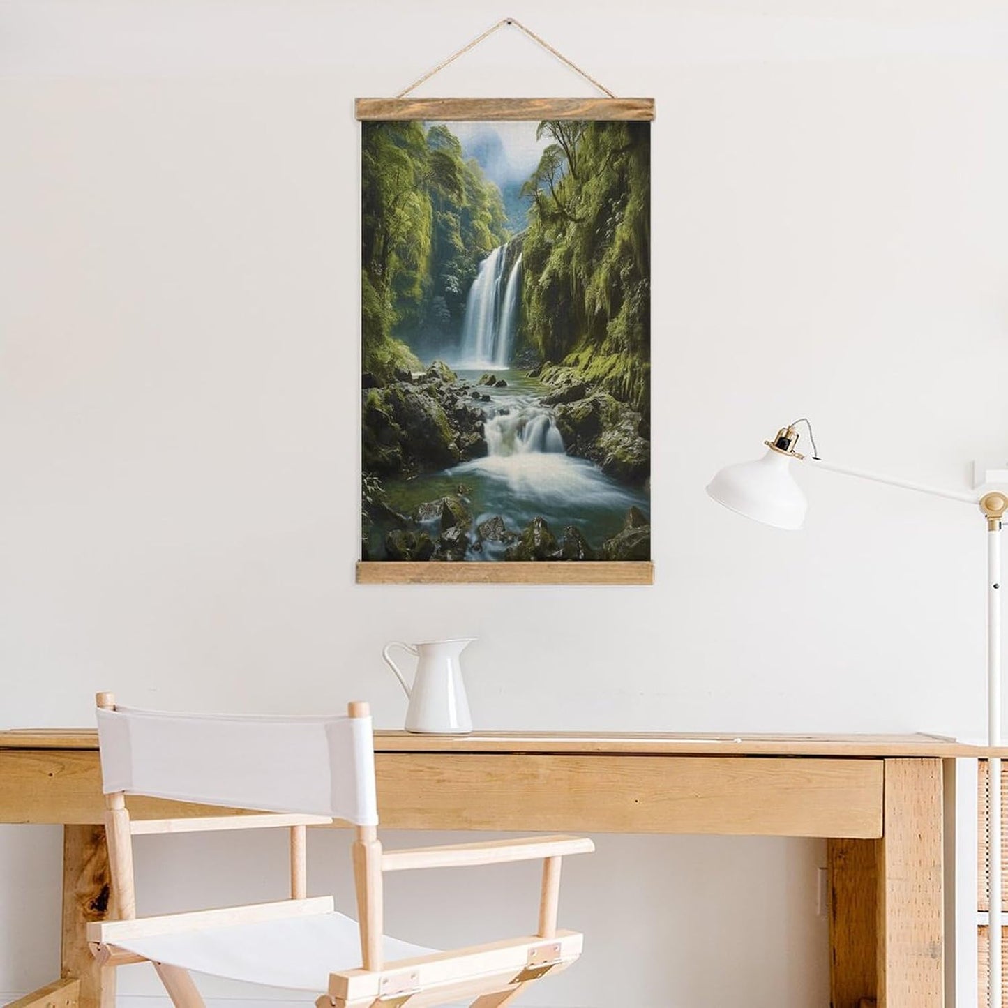 Vintage Waterfall Landscape Painting Poster with Wooden Frame Personalized Linen Hanging Scroll Painting Rustic Wall Hanging Illustrative Modern Artwork Decor for Home Living Room Bedroom Office