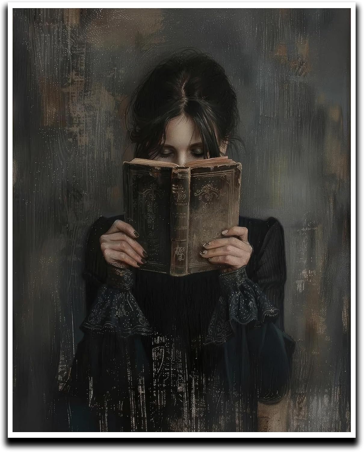 Vintage Girl Canvas Wall Art Victorian Woman Reading Book Dark Art Oil Painting Dark Academia Decor Book Lover Gift Bedroom for Living Room Bathroom Gallery Shelf Decoration 16x20 Inch UNFRAMED