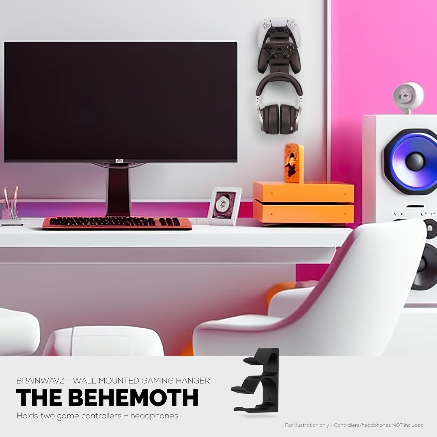 BRAINWAVZ The Behemoth - Dual Game Controller & Headphone Stand Wall Mount Holder - Designed for All Gamepads & Headsets